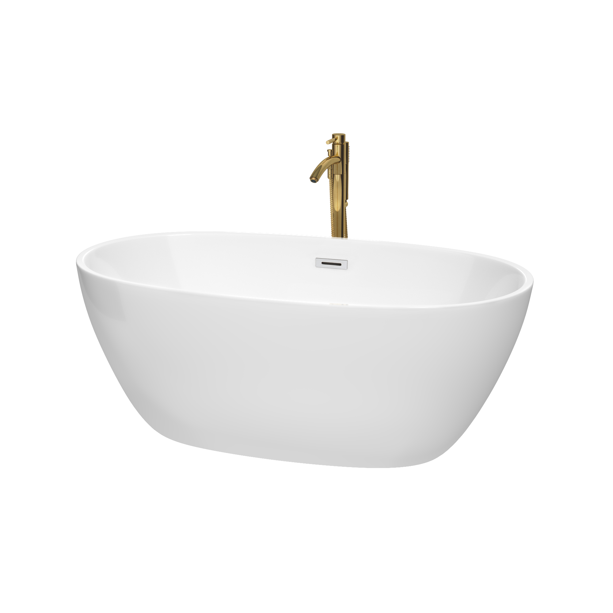 59" Freestanding Bathtub in White Finish with Polished Chrome Trim and Floor Mounted Faucet in Brushed Gold