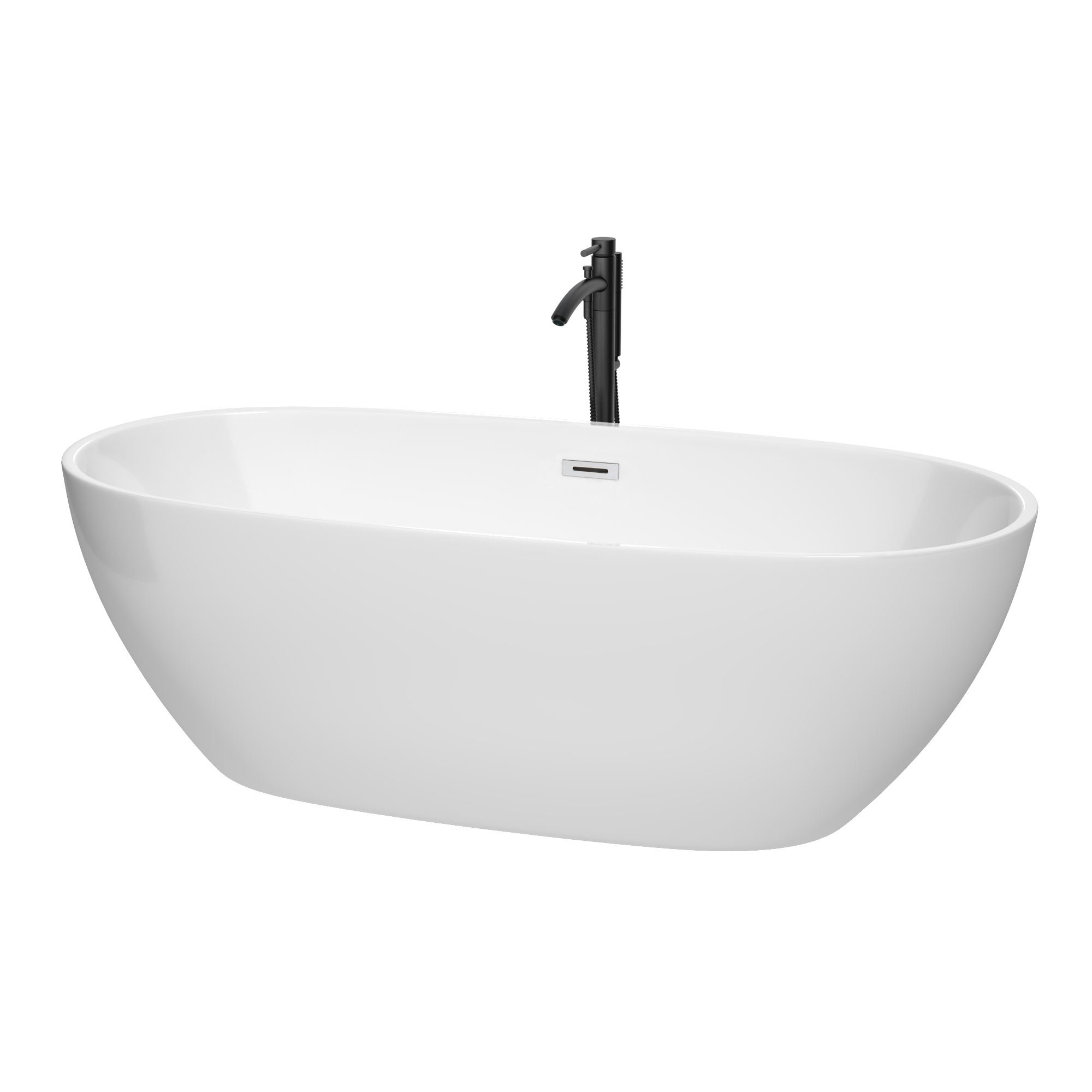 71" Freestanding Bathtub in White with Polished Chrome Trim and Floor Mounted Faucet in Matte Black Finish