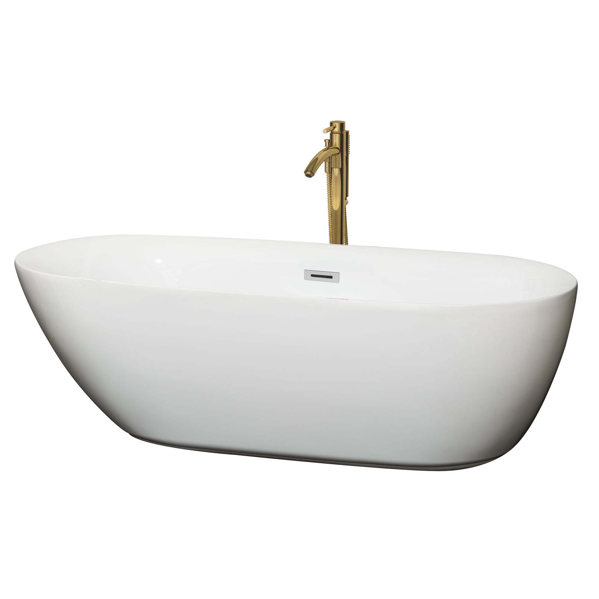 71" Freestanding Bathtub in White with Polished Chrome Trim and Floor Mounted Faucet in Brushed Gold Finish