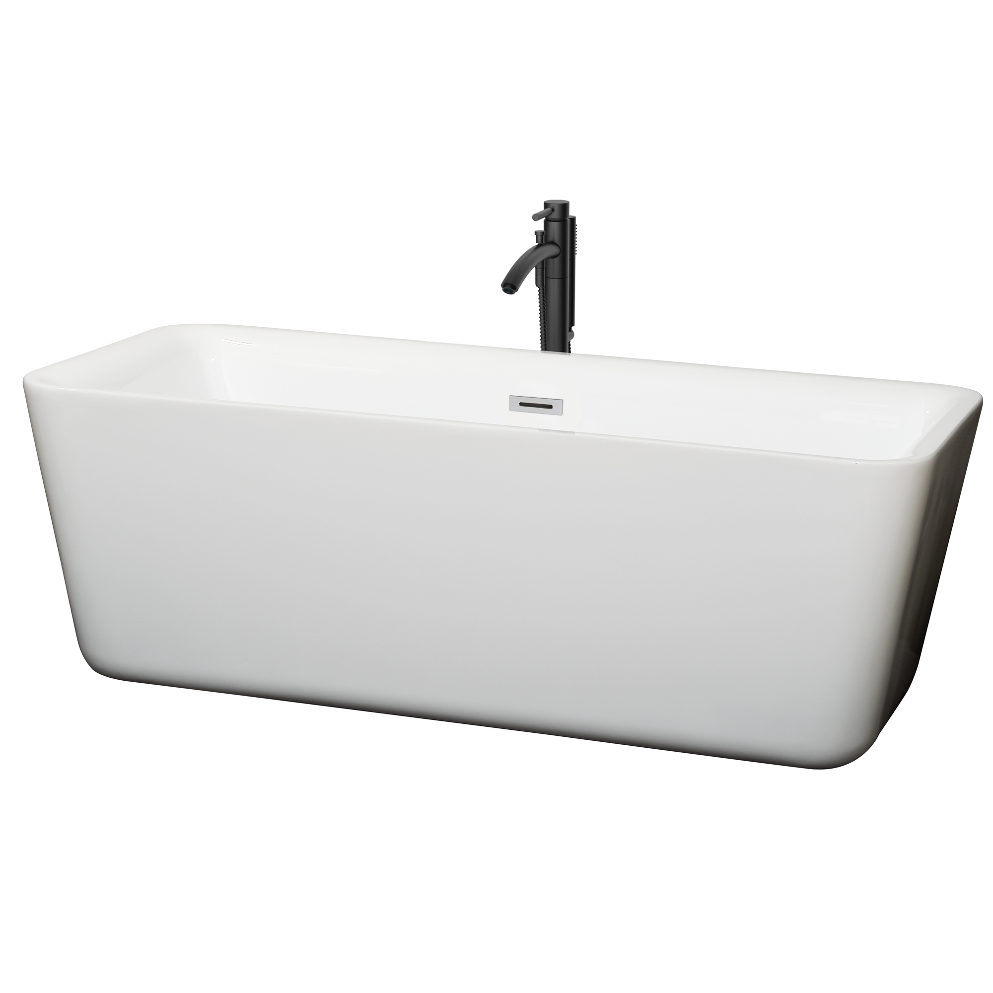 69" Freestanding Bathtub in White with Polished Chrome Trim and Floor Mounted Faucet in Matte Black