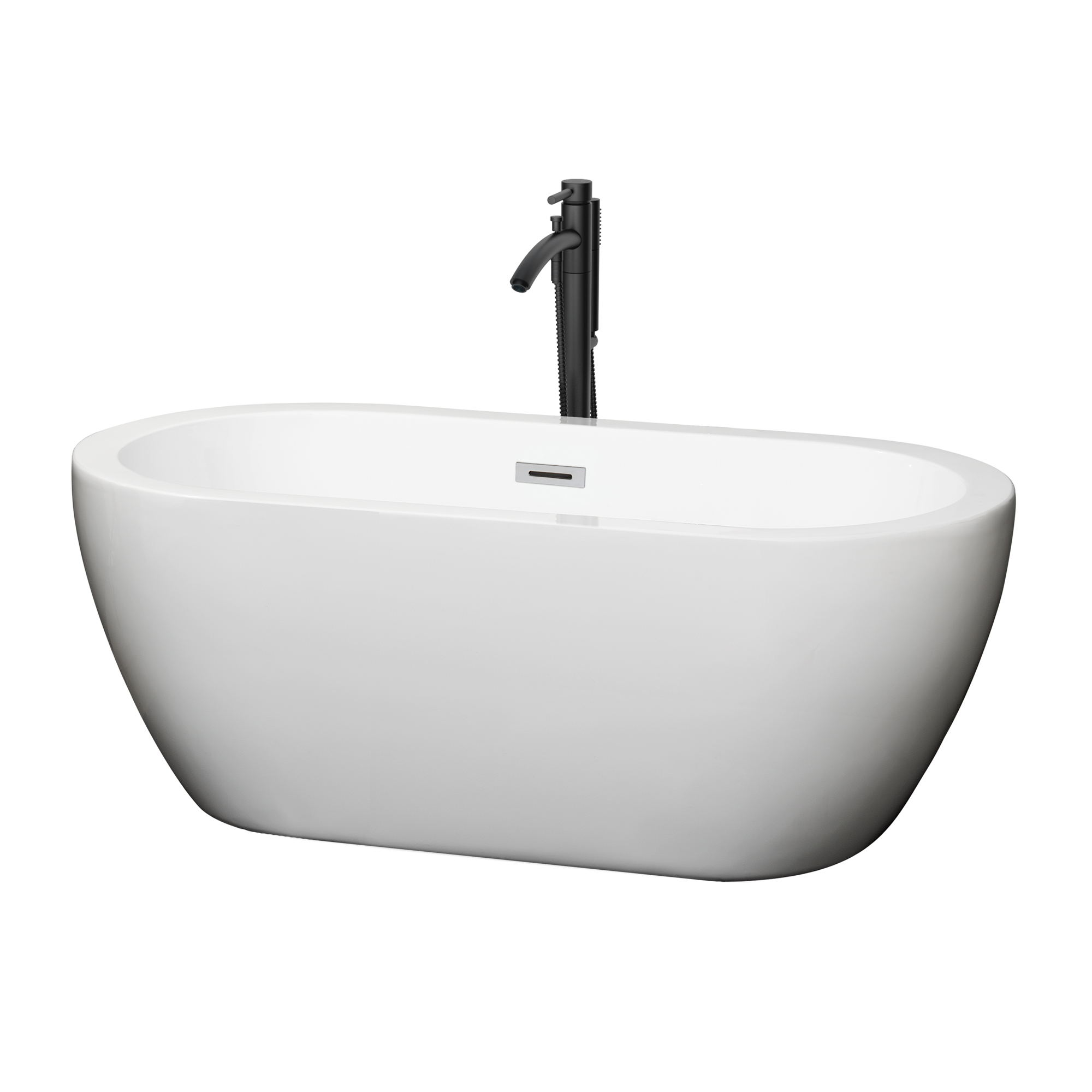 60" Freestanding Bathtub in White with Polished Chrome Trim and Floor Mounted Faucet in Matte Black Finish