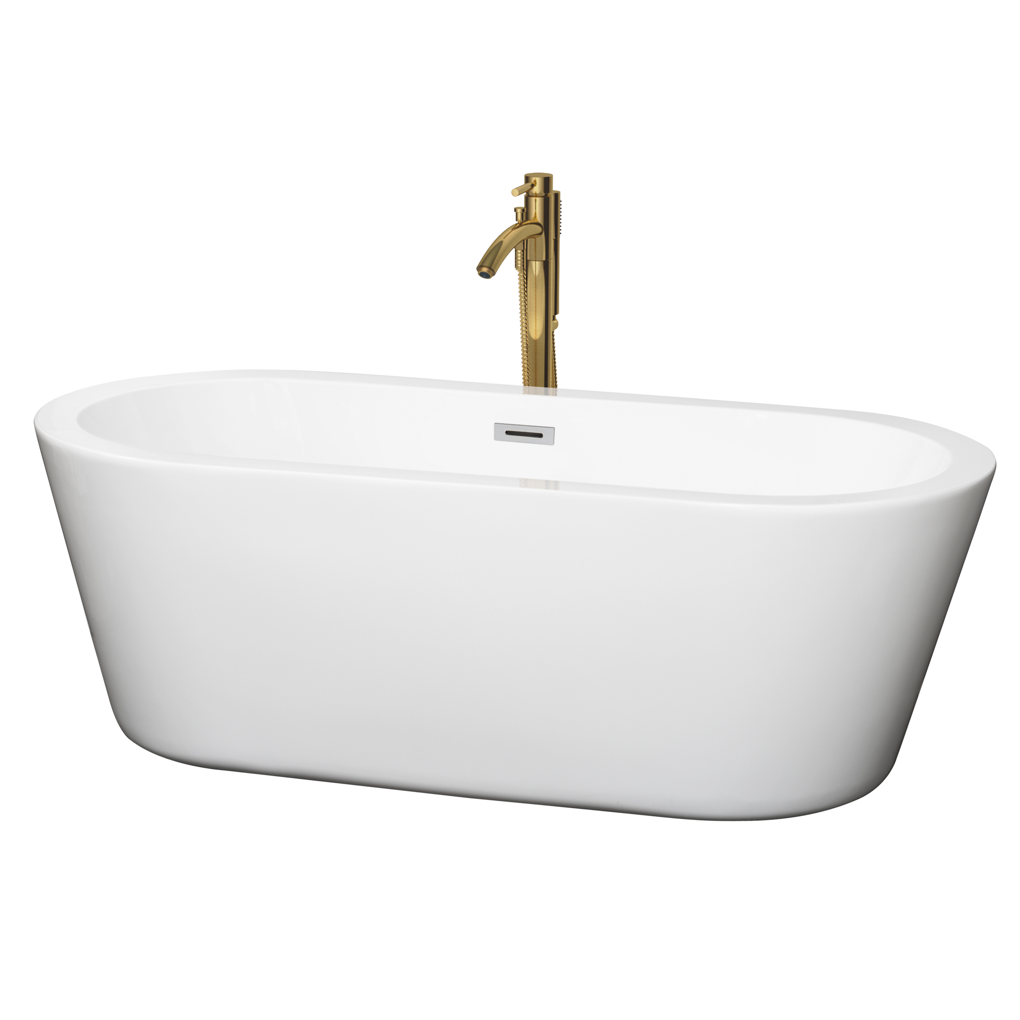 67" Freestanding Bathtub in White with Floor Mounted Faucet in Brushed Gold and Polished Chrome Trim