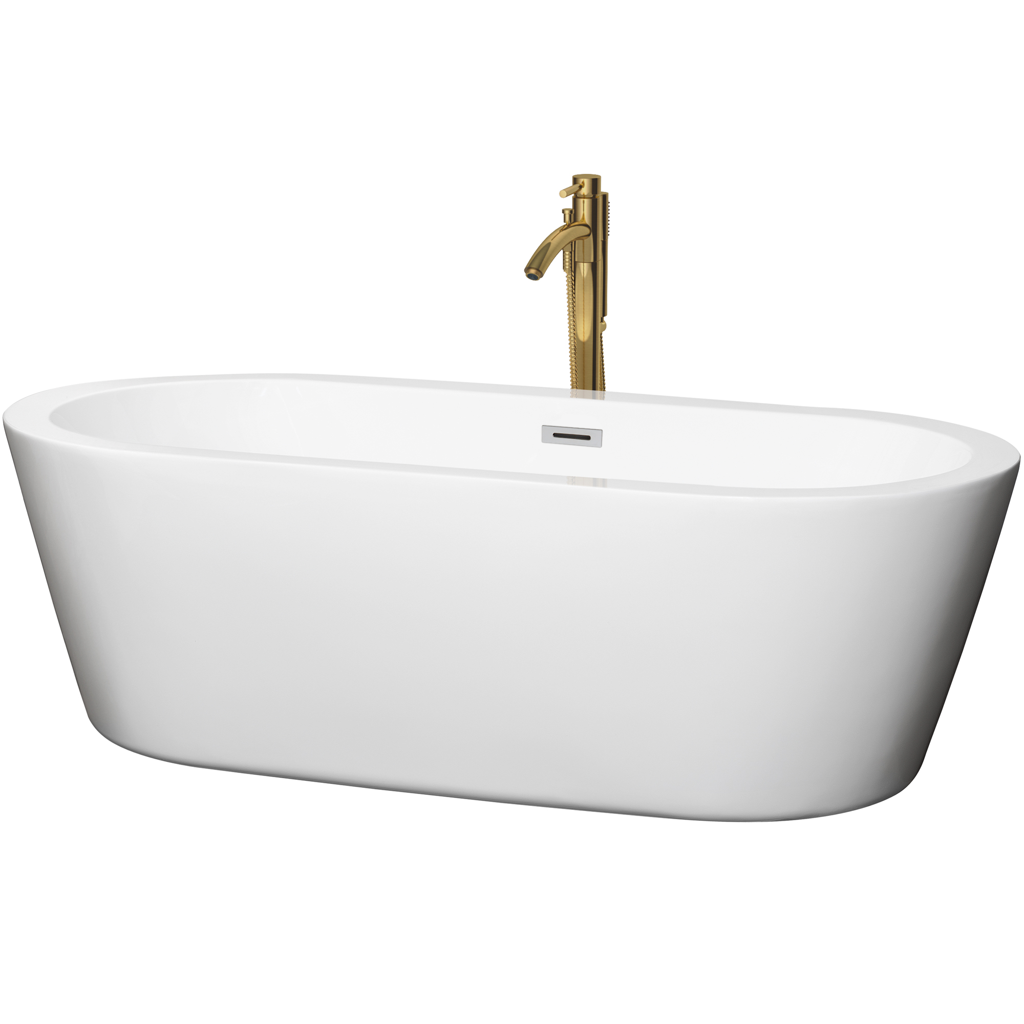 71" Freestanding Bathtub in White with Floor Mounted Faucet in Brushed Gold and Polished Chrome Trim
