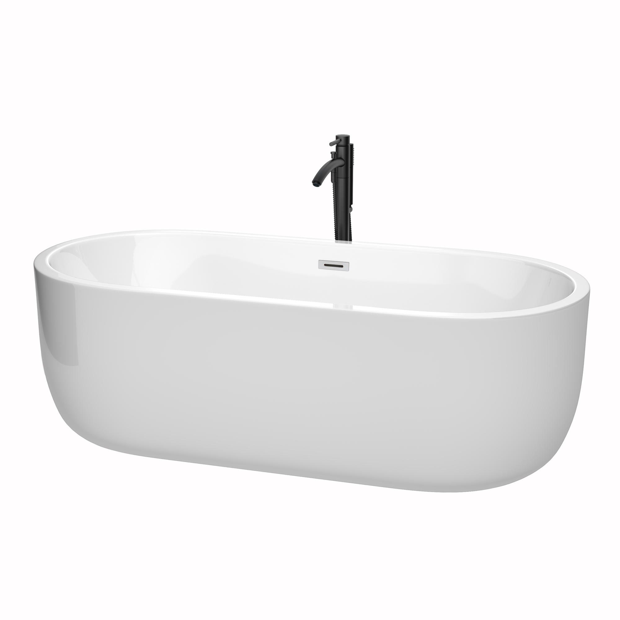 71" Freestanding Bathtub in White with Floor Mounted Faucet in Matte Black and Polished Chrome Trim