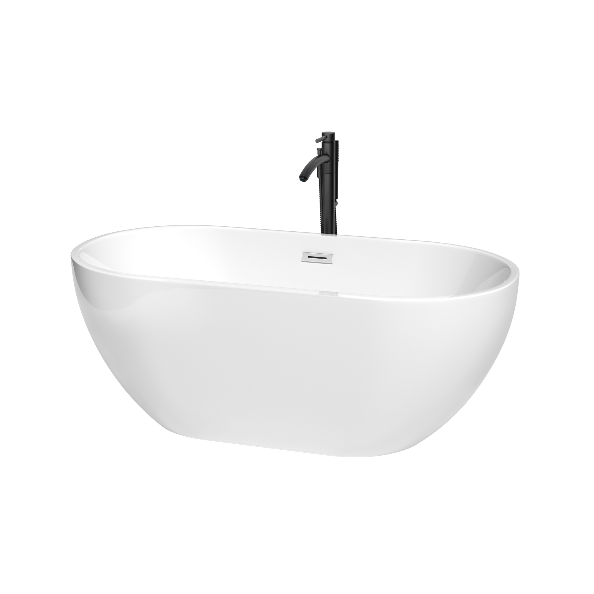 60" Freestanding Bathtub in White Finish with Floor Mounted Faucet in Matte Black and Polished Chrome Trim