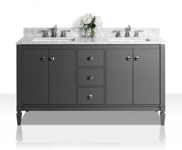 60" Double Sink Bath Vanity Set in Sapphire Gray Finish with Italian Carrara White Marble Vanity top and White Undermount Basin