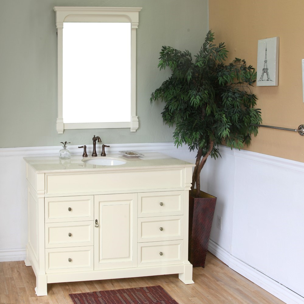 50" Single Sink Vanity-Wood-Cream White with Mirror and Linen Cabinet Options