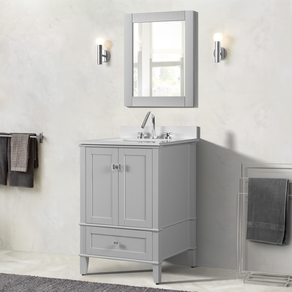 25" Single Sink Vanity in Light Gray Finish Engineer Stone Quartz Top with Mirror Option