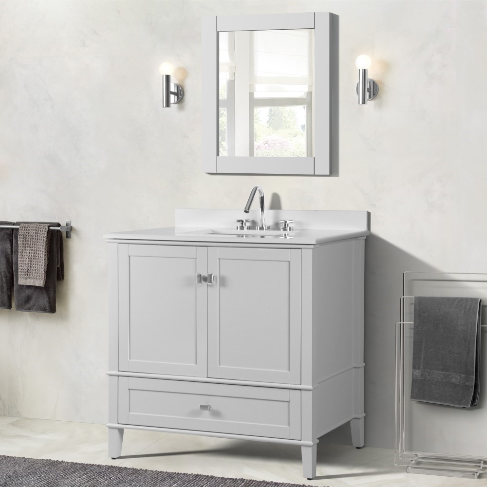 37" Single Sink Vanity in White Finish Engineer Stone Quartz Top with Mirror Option