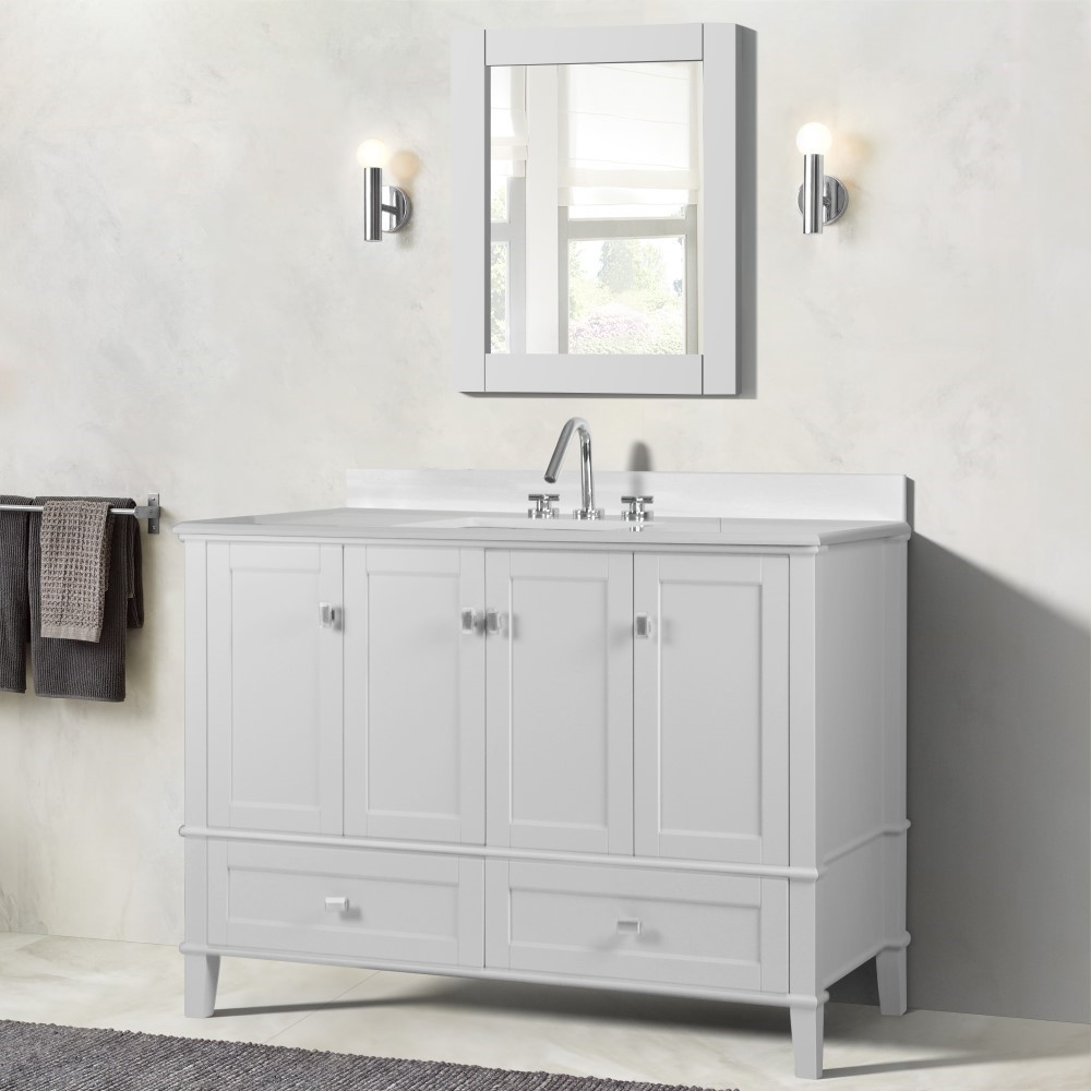 49" Single Sink Vanity in White Finish Engineer Stone Quartz Top with Mirror Option