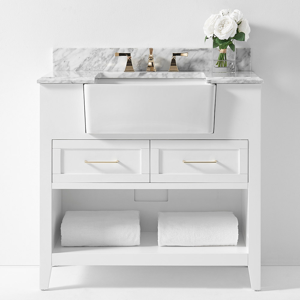 36" Bath Vanity Set in White with Italian Carrara White Marble Vanity Top and White Farmhouse Apron Basin