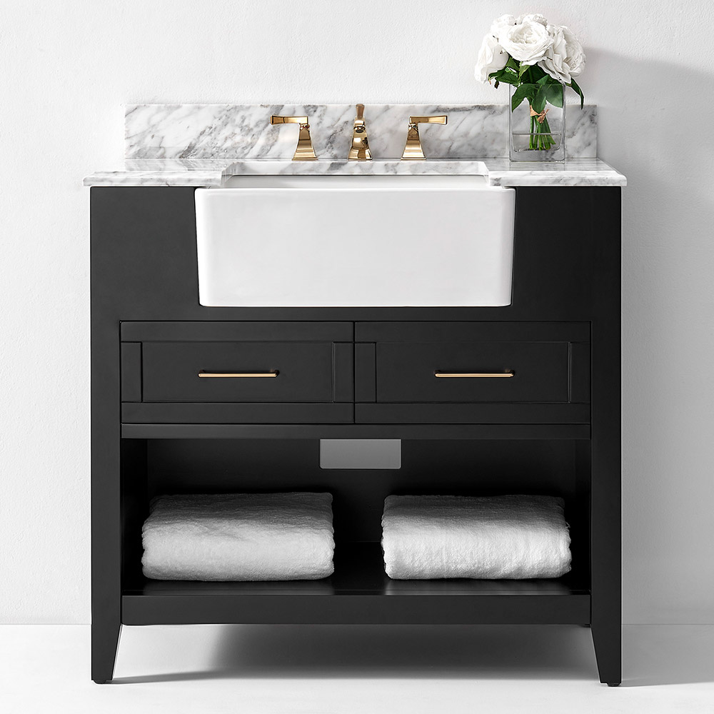 36" Bath Vanity Set in Black Onyx with Italian Carrara White Marble Vanity Top and White Farmhouse Apron Basin