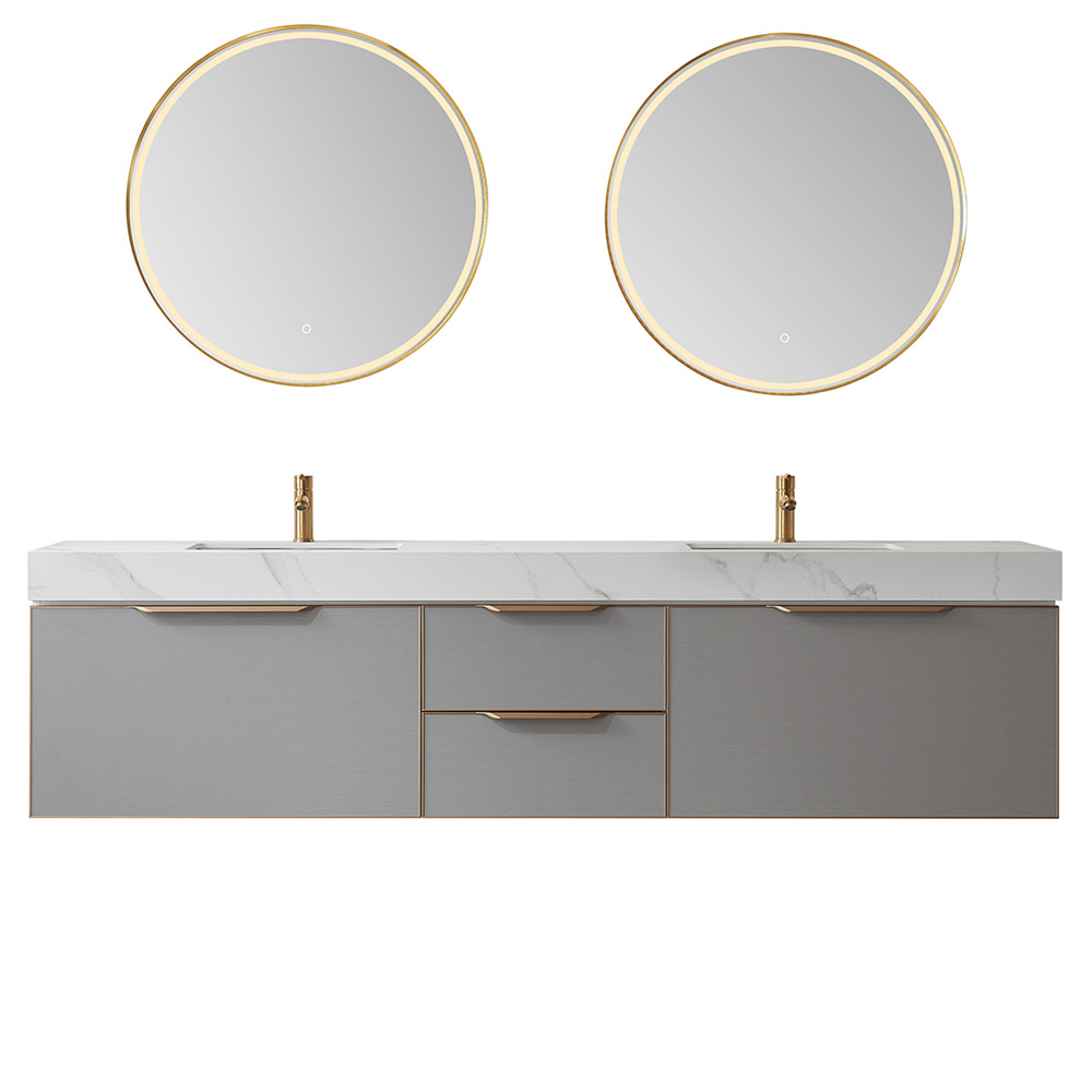84" Double Sink Bath Vanity in Grey with White Sintered Stone Top 