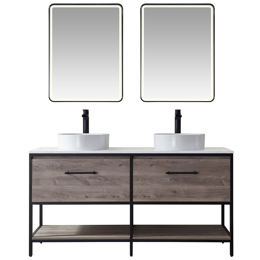 60" Double Sink Bath Vanity in Mexican Oak with White Composite Grain Stone Countertop and Vessel Sink without Mirror