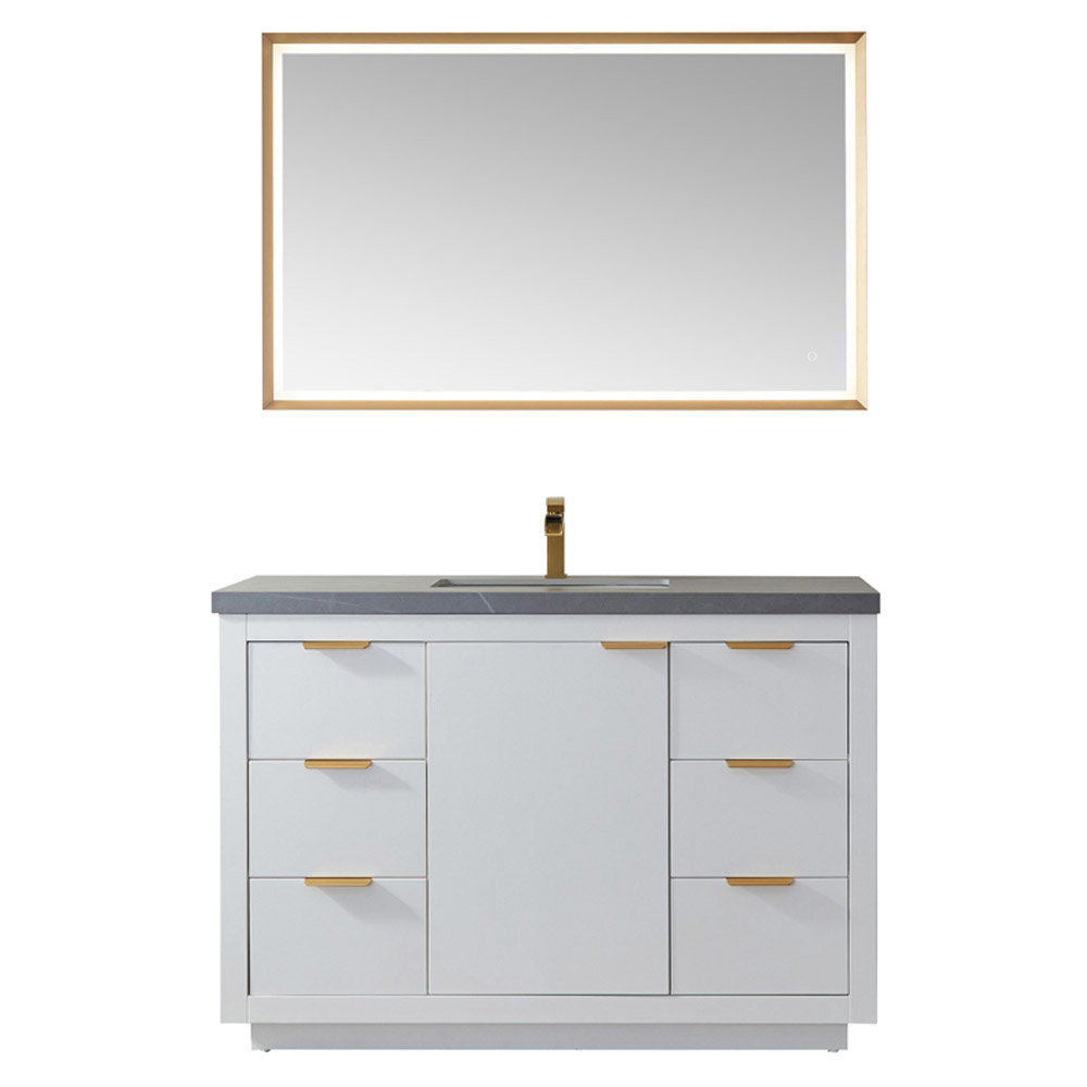 48" Single Sink Bath Vanity in White with Grey Sintered Stone Countertop
