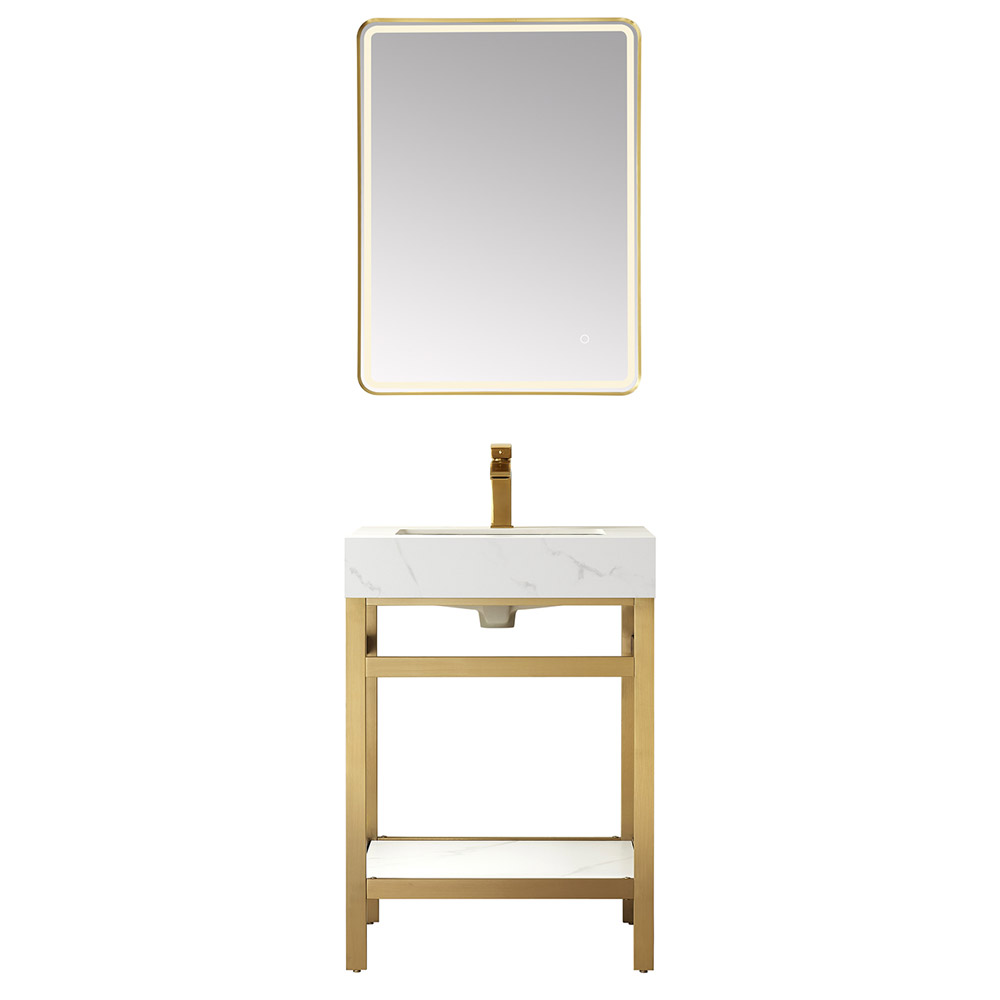 24" Single Sink Bath Vanity in Brushed Gold Metal Support with White Sintered Stone Top
