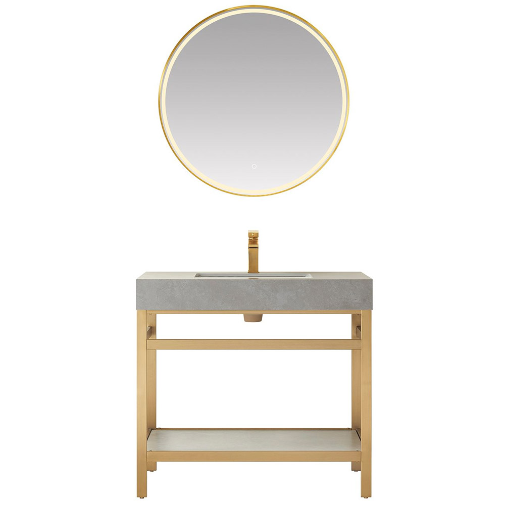 36" Single Sink Bath Vanity in Brushed Gold Metal Support with Grey Sintered Stone Top 