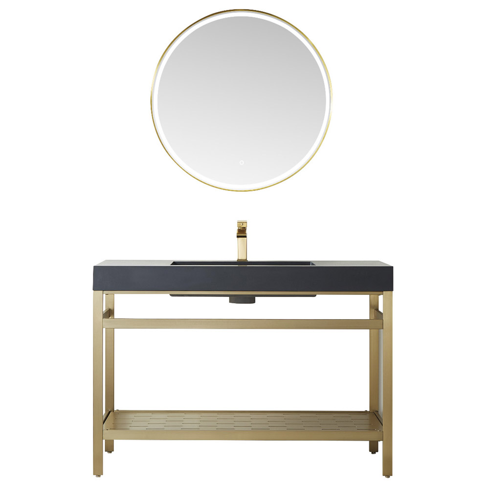 48" Single Sink Bath Vanity in Brushed Gold Metal Support with Black One-Piece Composite Stone Sink Top