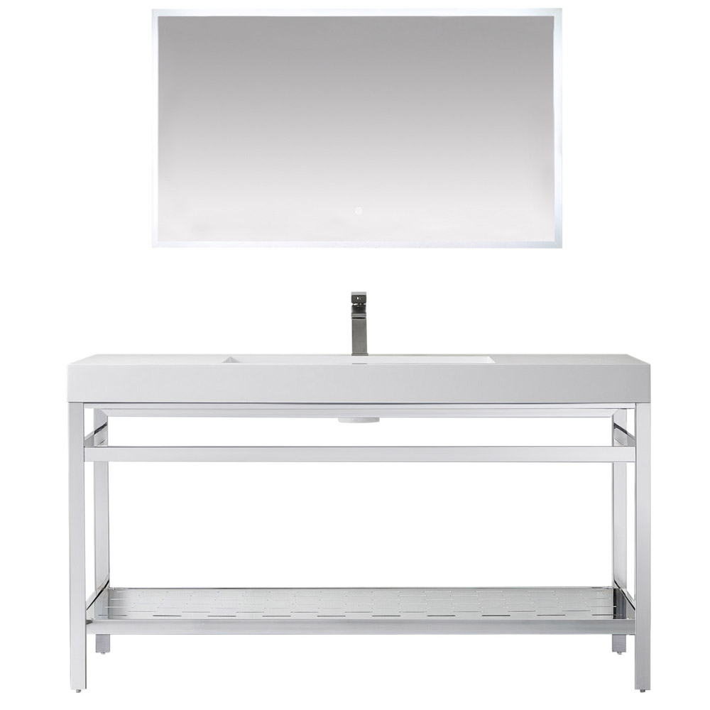 60" Single Sink Bath Vanity in Polish Chrome Metal Support with White One-Piece Composite Stone Sink Top