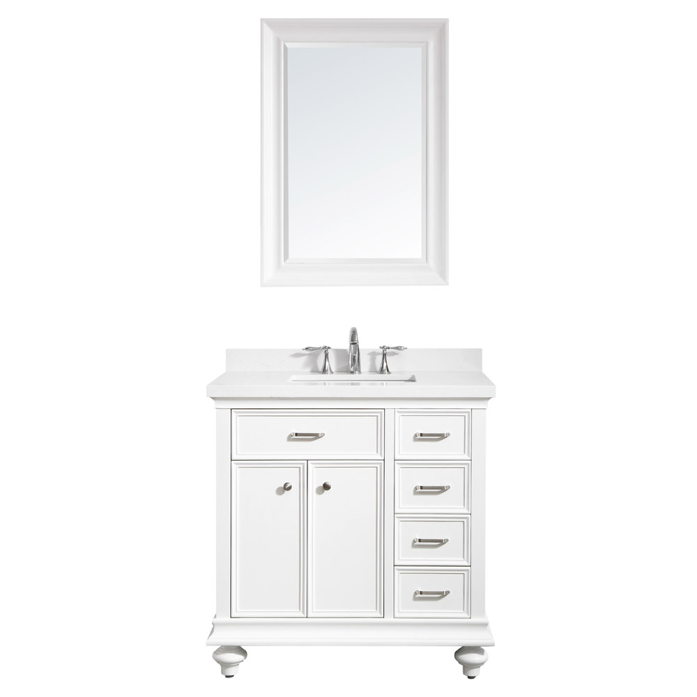 36" Vanity in White with Carrara Quartz Stone Top Without Mirror