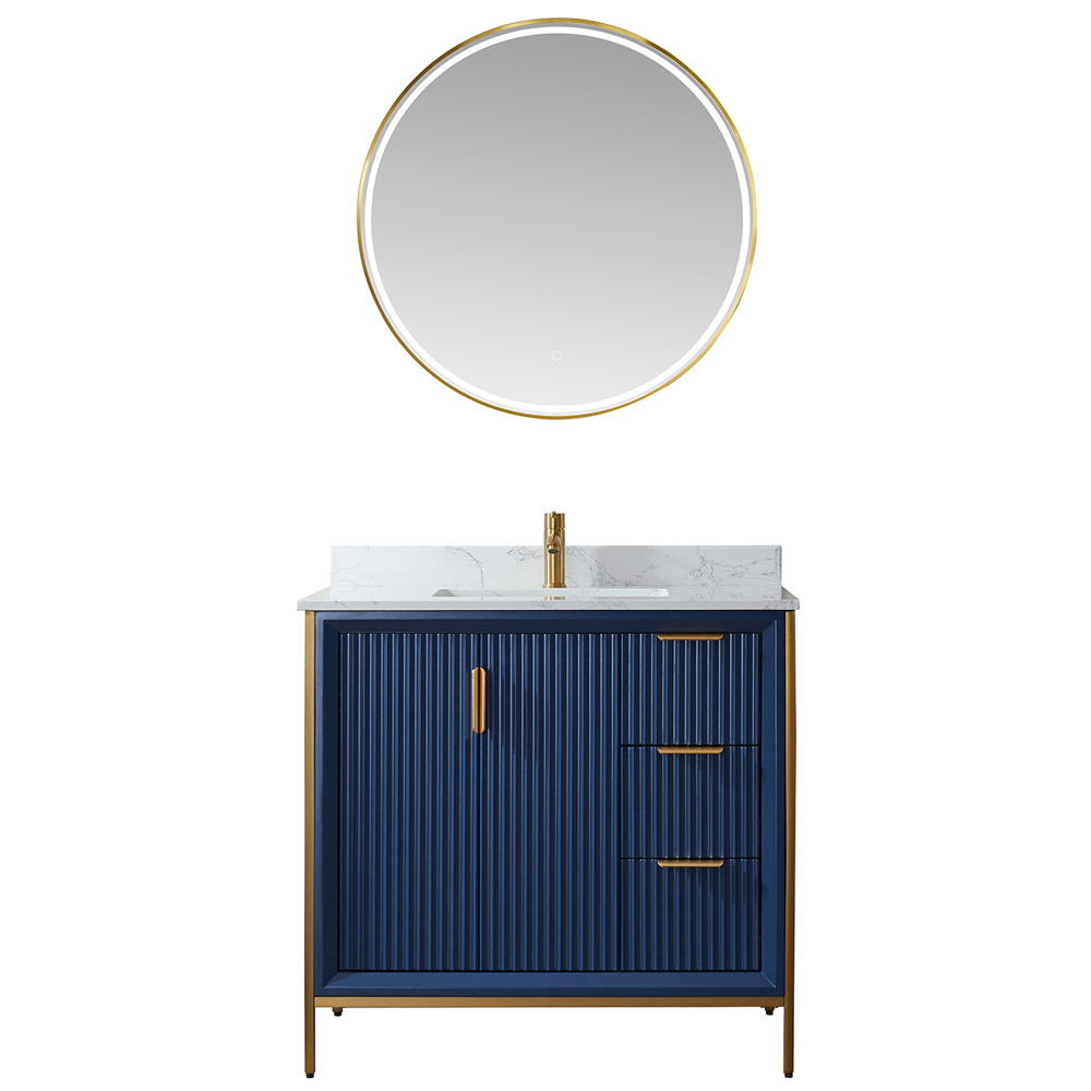 36" Vanity in Royal Blue with White Composite Grain Stone Countertop Without Mirror 