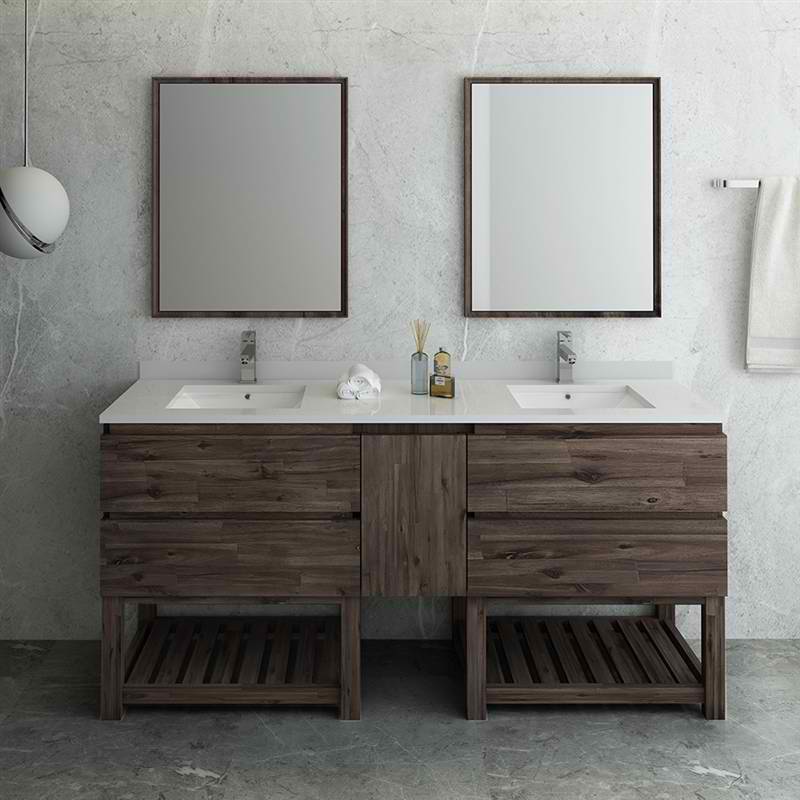 72" Floor Standing Double Sink Modern Bathroom Vanity with Open Bottom & Mirrors