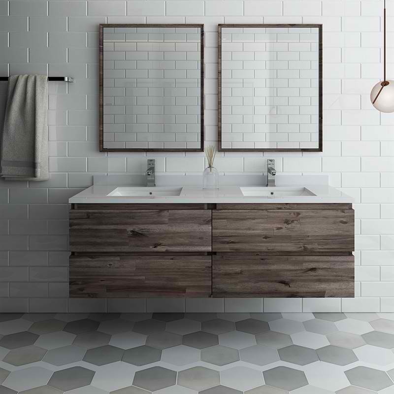 60" Wall Hung Double Sink Modern Bathroom Vanity w/ Mirrors
