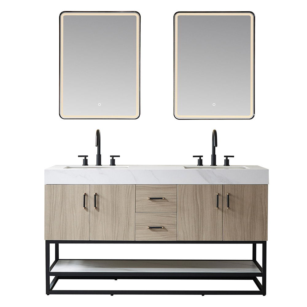 60" Double Sink Bath Vanity in Light Walnut with White Sintered Stone Top