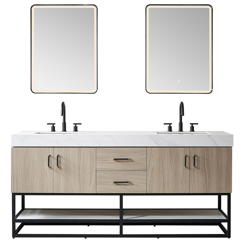 72" Double Sink Bath Vanity in Light Walnut with White Sintered Stone Top
