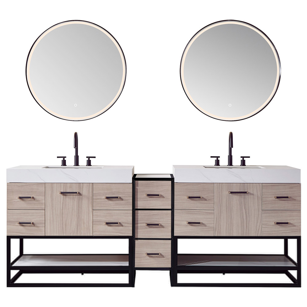 84" Double Sink Bath Vanity in Light Walnut with White Sintered Stone Top