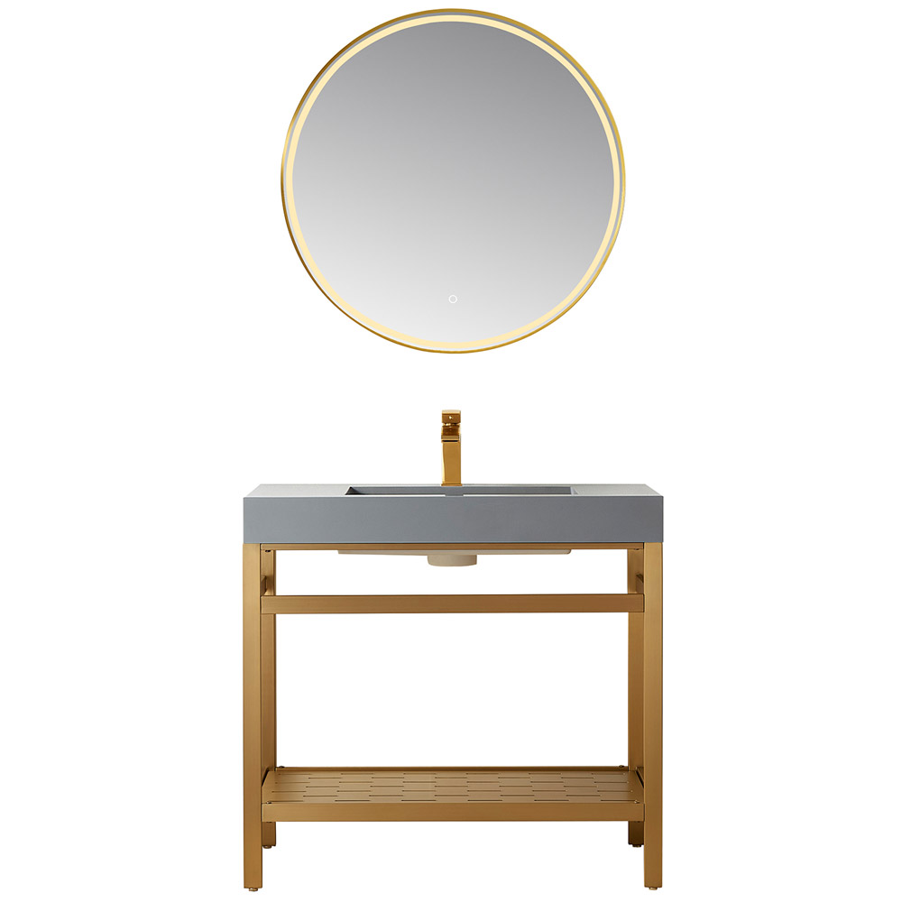 36" Single Sink Bath Vanity in Brushed Gold Metal Support with Grey One-Piece Composite Stone Sink Top