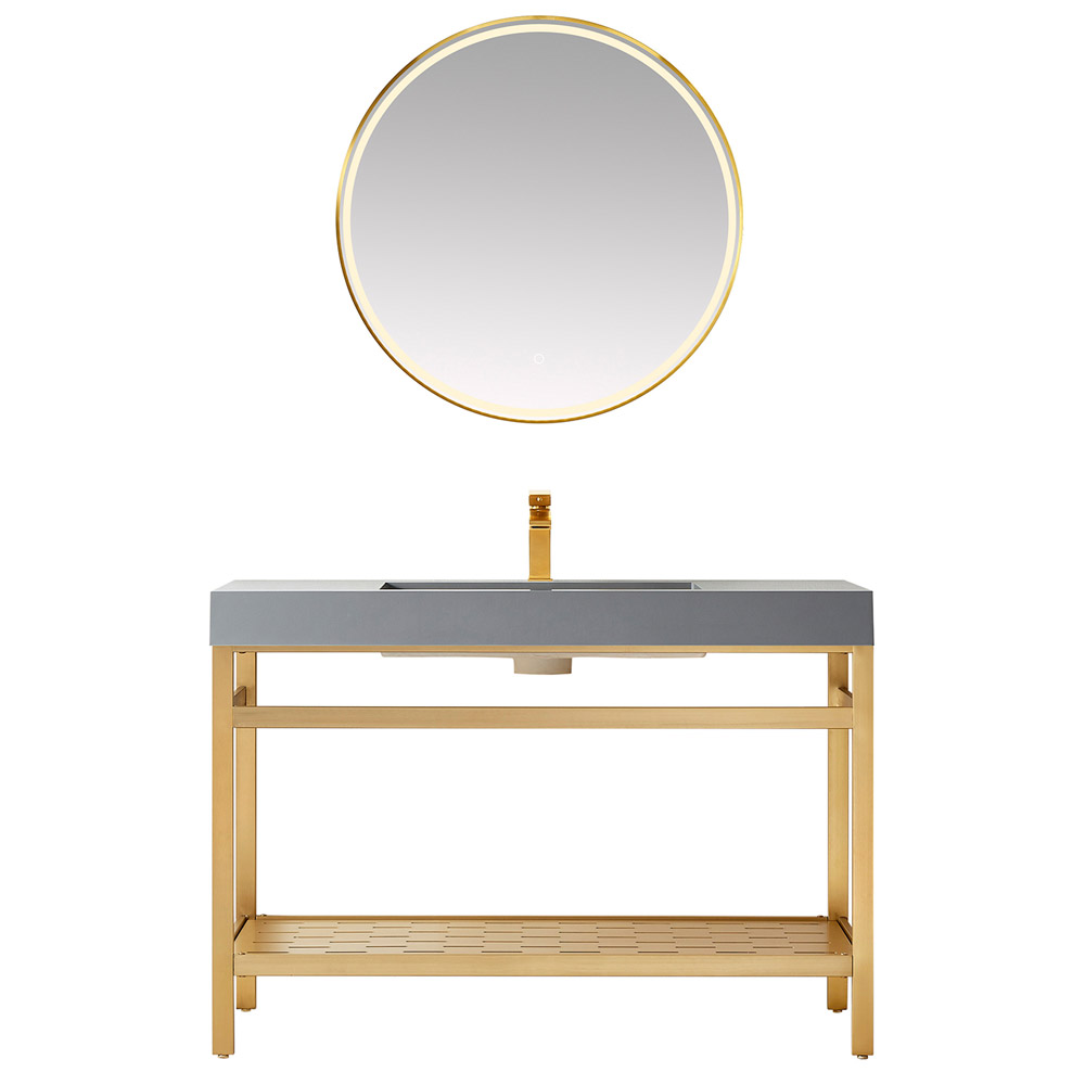 48" Single Sink Bath Vanity in Brushed Gold Metal Support with Grey One-Piece Composite Stone Sink Top
