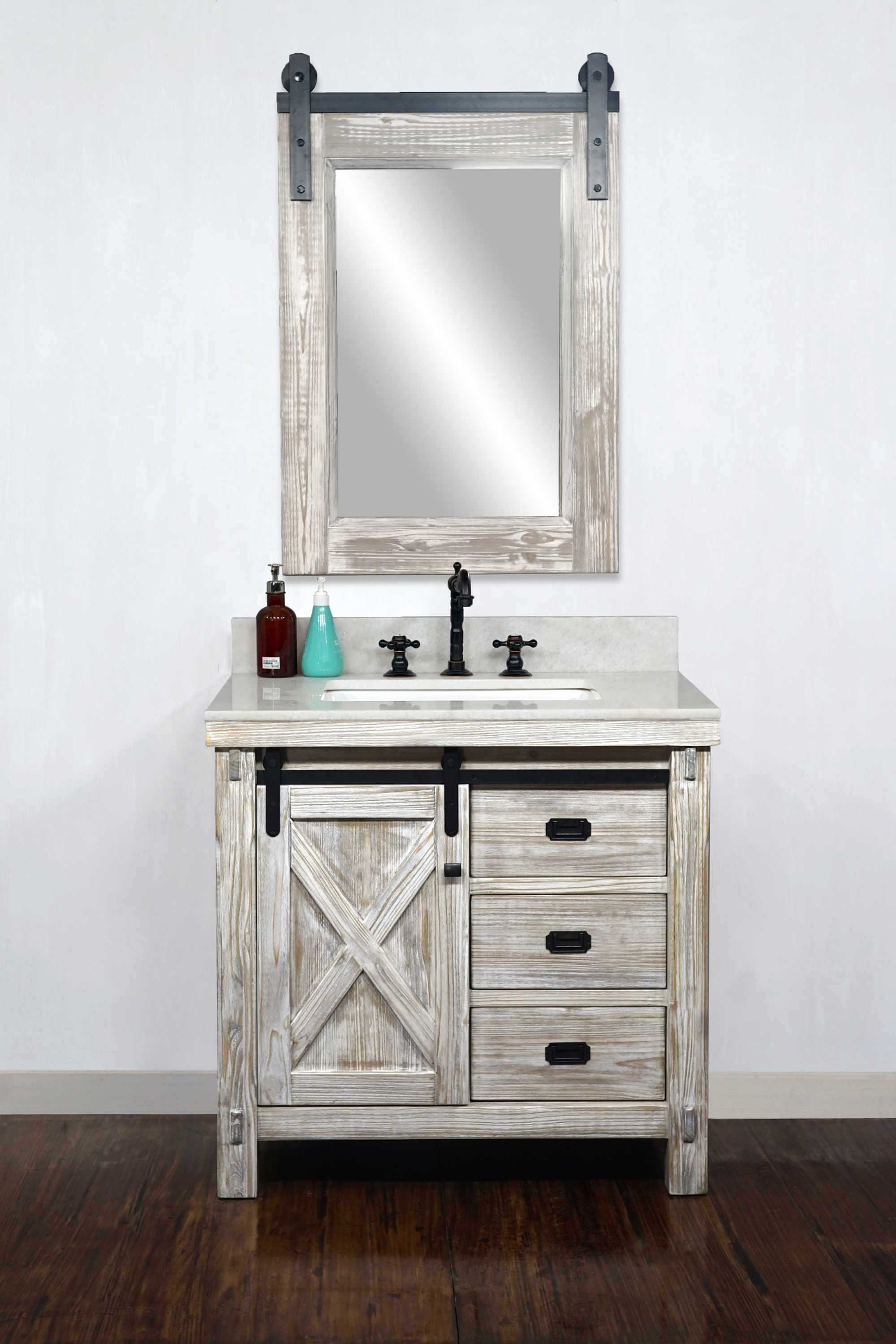 36" Rustic Solid Fir Barn Door Style Single Sink Vanity in White Washed - No Faucet with Countertop Options
