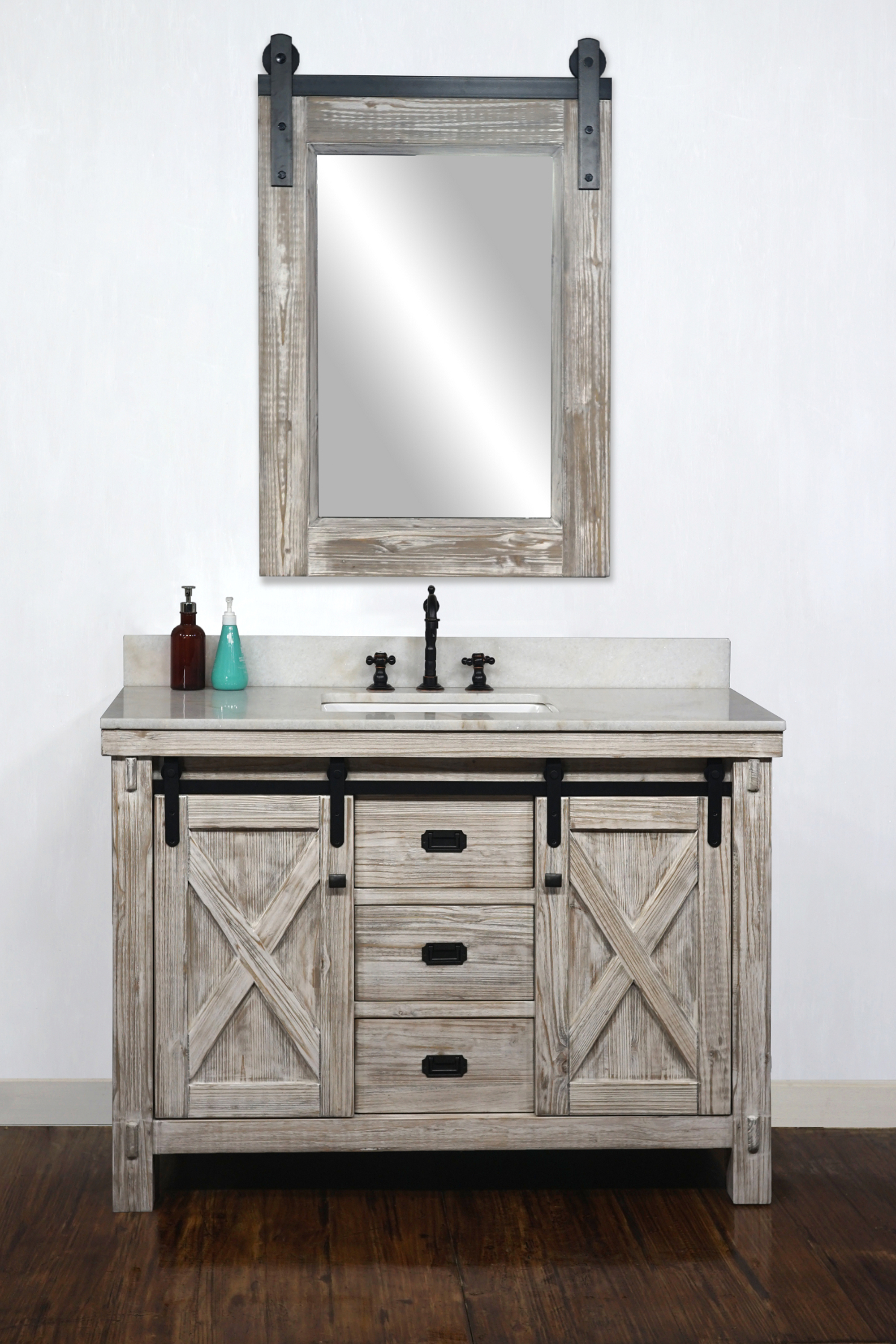 48" Rustic Solid Fir Barn Door Style Single Sink Vanity in White Washed - No Faucet with Countertop Options