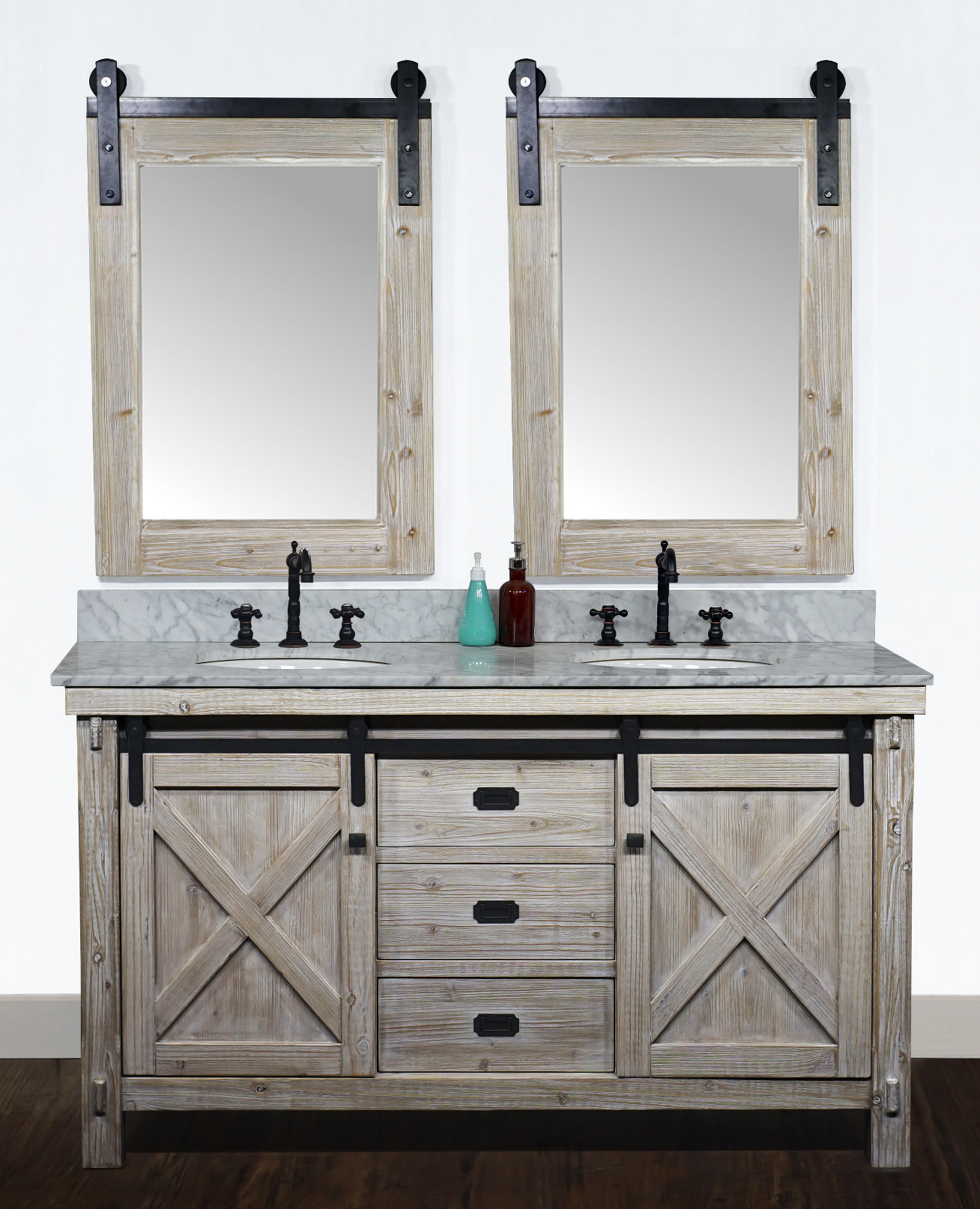60" Rustic Solid Fir Barn Door Style Double Sink Vanity - No Faucet with Countertop Options