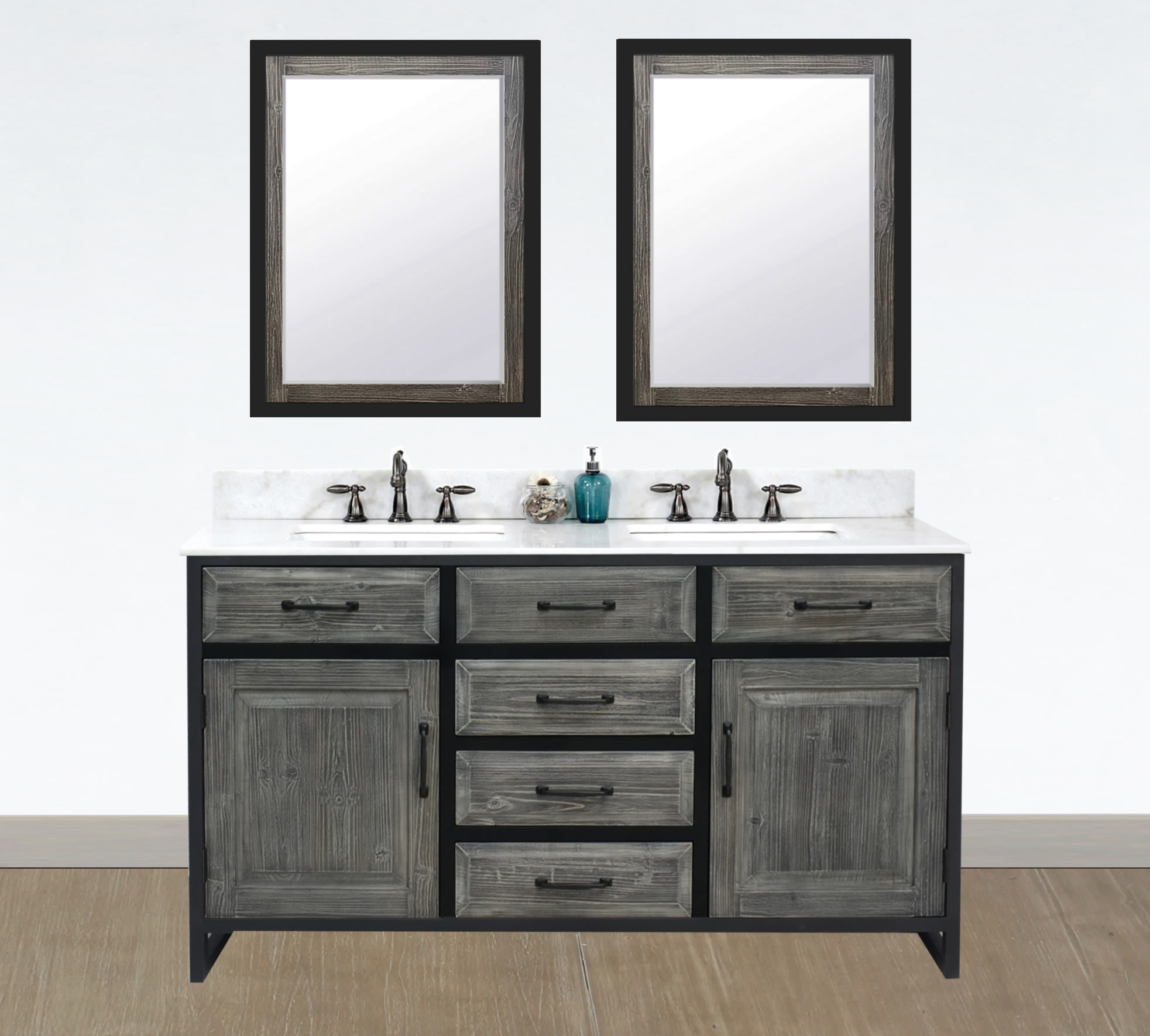 60" Rustic Solid Fir Double Sink with Iron Frame Vanity in Grey Driftwood - No Faucet with Countertop Options
