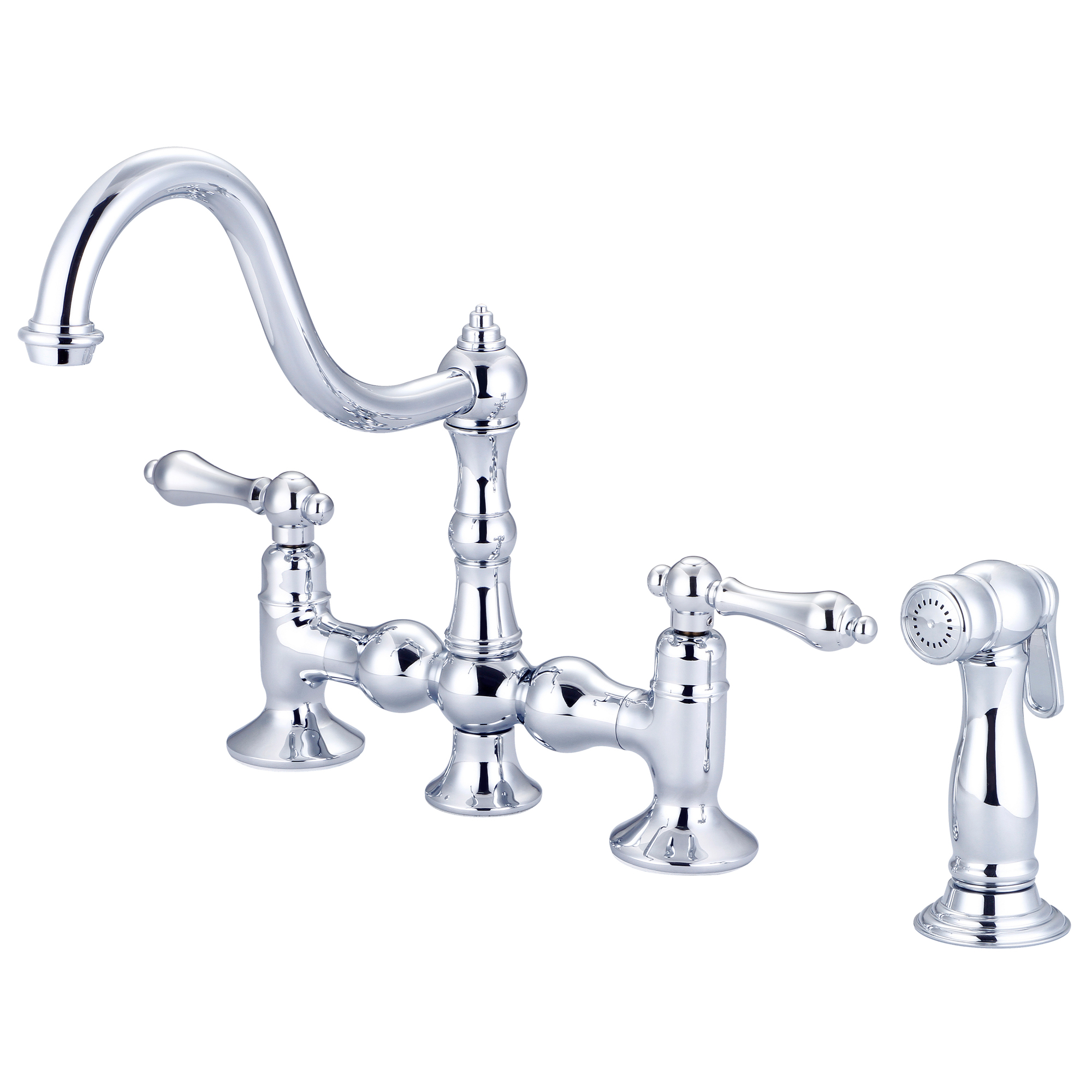 Bridge Style Kitchen Faucet With Side Spray To Match in Chrome Finish With Metal Lever Handles Without Labels