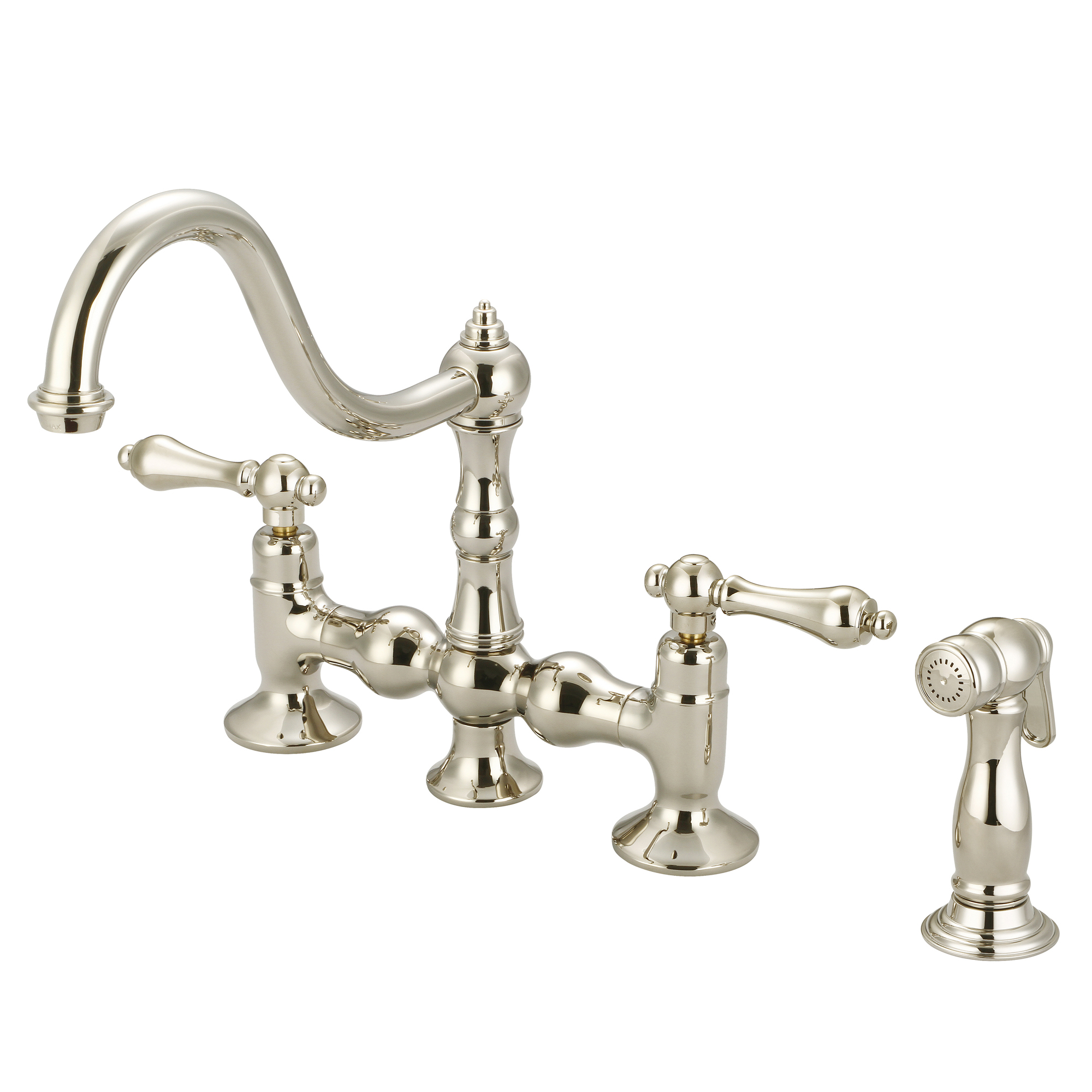 Bridge Style Kitchen Faucet With Side Spray To Match in Polished Nickel (PVD) Finish With Metal Lever Handles Without Labels