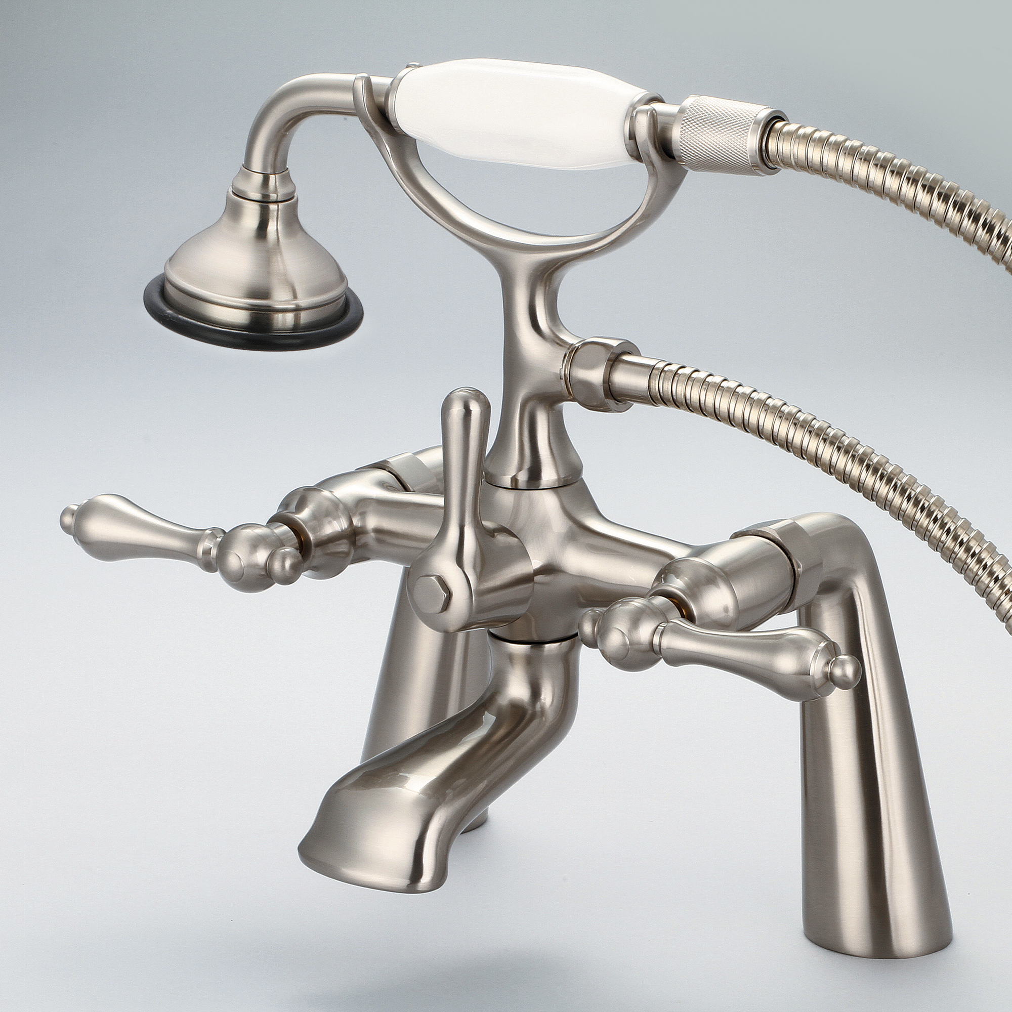 Vintage Classic 7" Spread Deck Mount Tub Faucet With Handheld Shower in Brushed Nickel Finish With Metal Lever Handles Without Labels