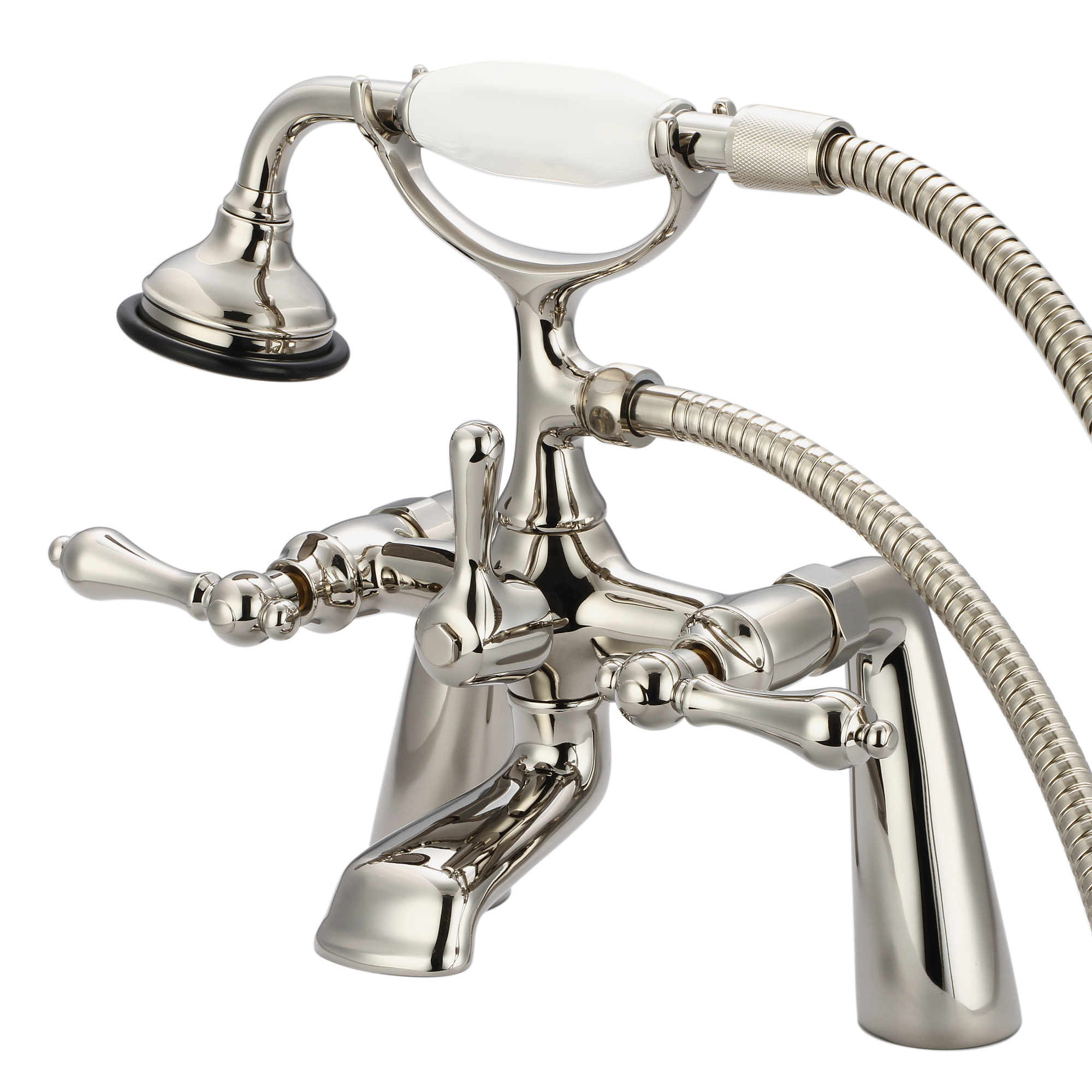 Vintage Classic 7" Spread Deck Mount Tub Faucet With Handheld Shower in Polished Nickel (PVD) Finish With Metal Lever Handles Without Labels