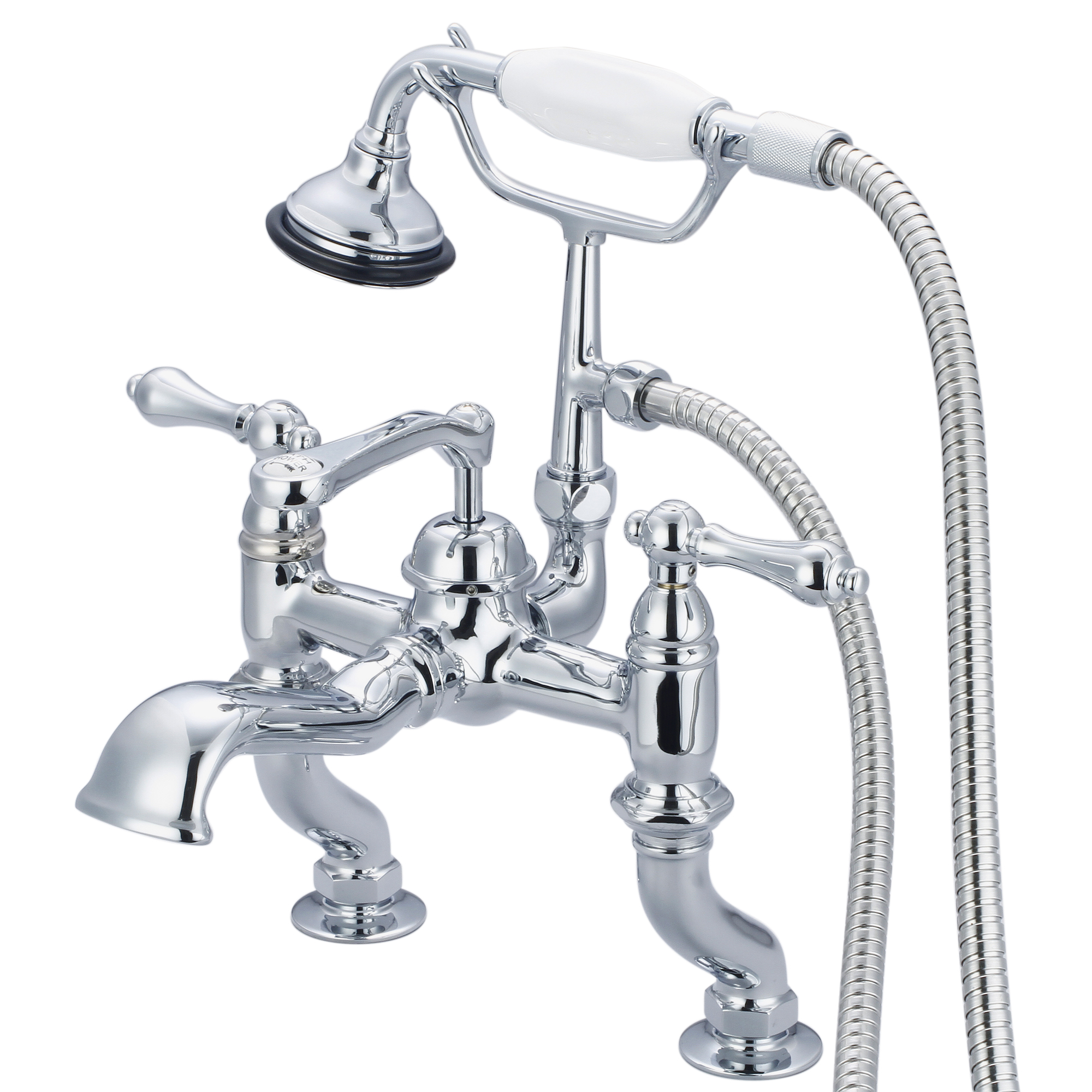 Vintage Classic Adjustable Center Deck Mount Tub Faucet With Handheld Shower in Chrome Finish With Metal Lever Handles Without Labels