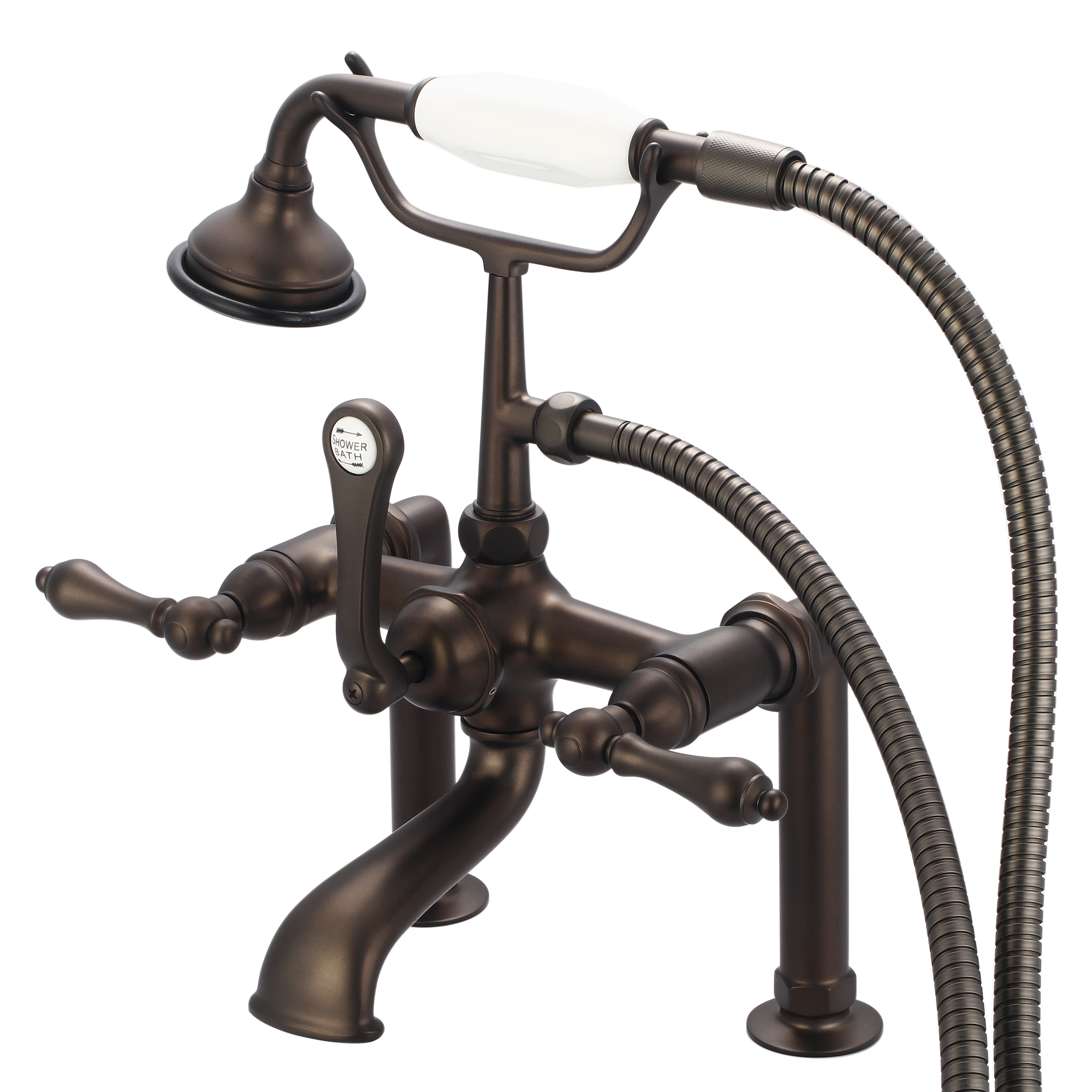 Vintage Classic 7 Inch Spread Deck Mount Tub Faucet With 6 Inch Risers & Handheld Shower in Oil-rubbed Bronze Finish Finish With Metal Lever Handles Without Labels