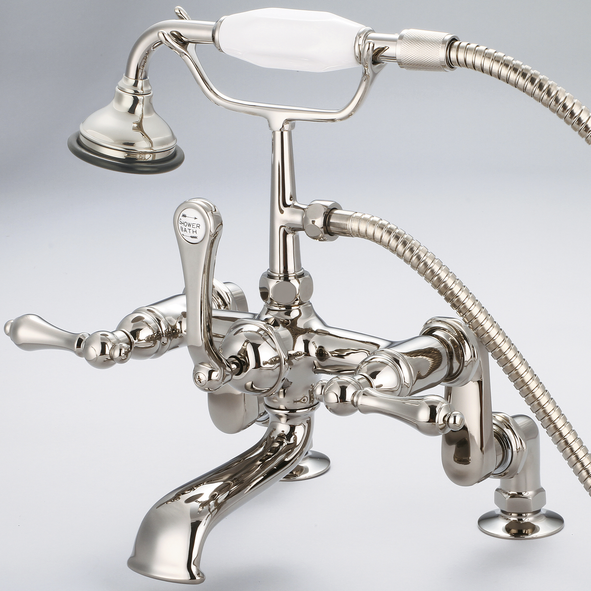 Vintage Classic Adjustable Center Deck Mount Tub Faucet With Handheld Shower in Polished Nickel (PVD) With Metal Lever Handles Without Labels