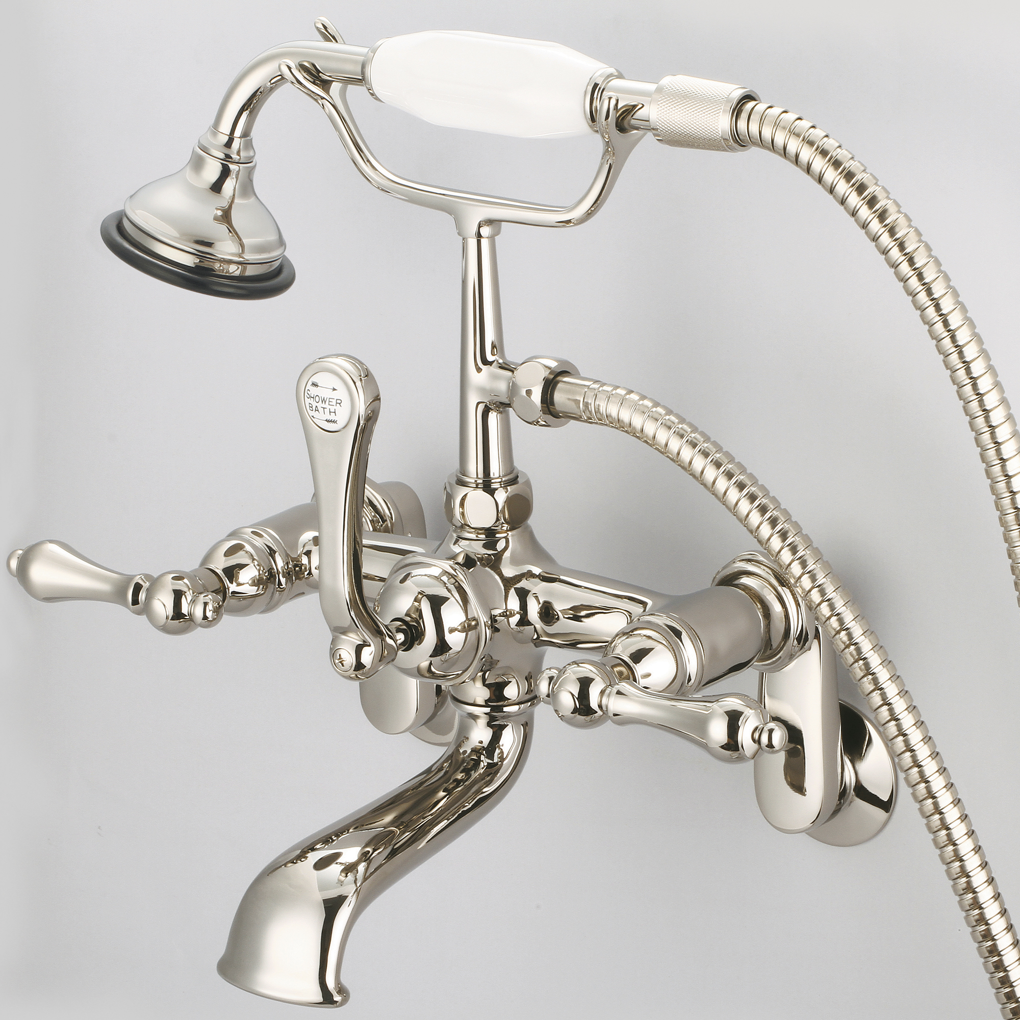 Vintage Classic Adjustable Center Wall Mount Tub Faucet With Swivel Wall Connector & Handheld Shower in Polished Nickel (PVD) Finish With Metal Lever Handles Without Labels