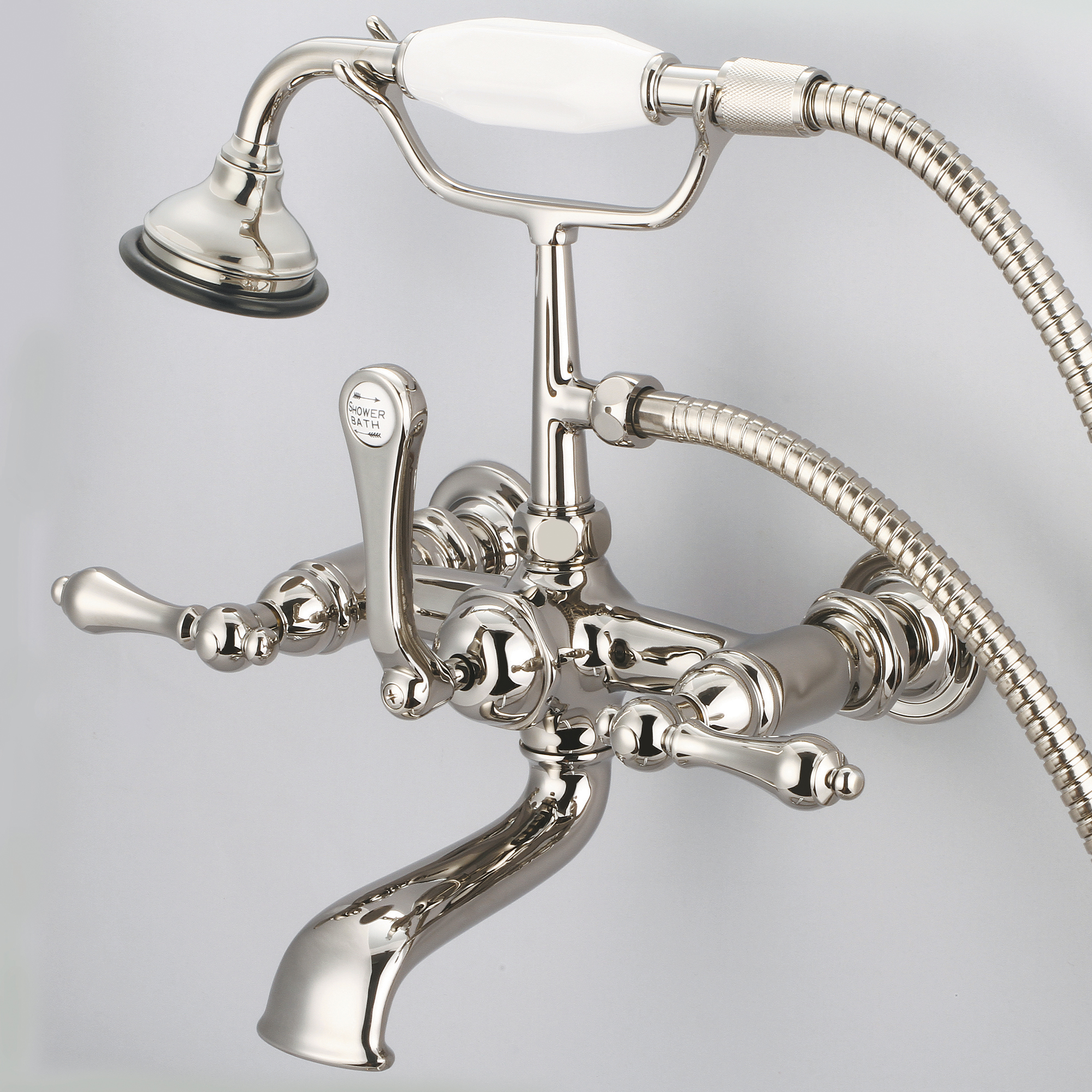 Vintage Classic 7 Inch Spread Wall Mount Tub Faucet With Straight Wall Connector & Handheld Shower in Polished Nickel (PVD) Finish With Metal Lever Handles Without Labels