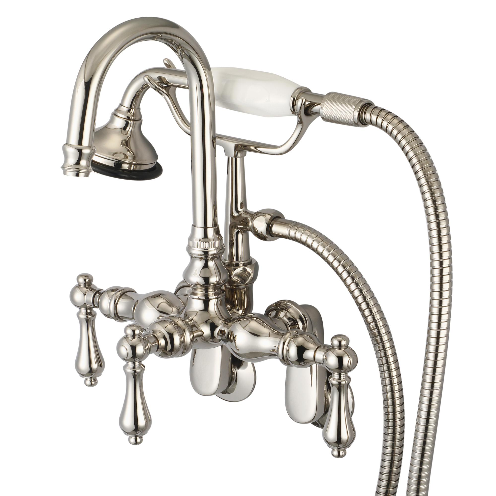 Vintage Classic Adjustable Spread Wall Mount Tub Faucet With Gooseneck Spout, Swivel Wall Connector & Handheld Shower in Polished Nickel (PVD) Finish With Metal Lever Handles Without Labels