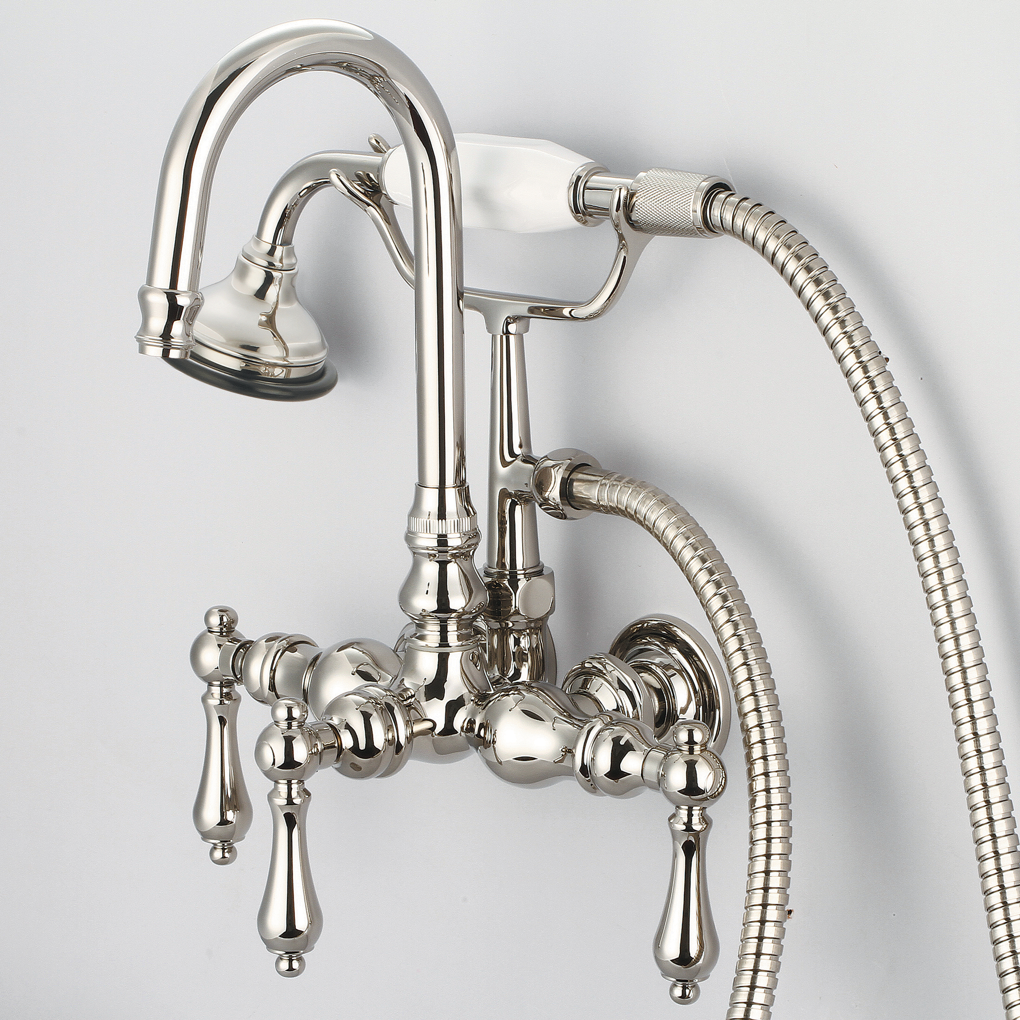 Vintage Classic 3.375 Inch Center Wall Mount Tub Faucet With Gooseneck Spout, Straight Wall Connector & Handheld Shower in Polished Nickel (PVD) Finish With Metal Lever Handles Without Labels
