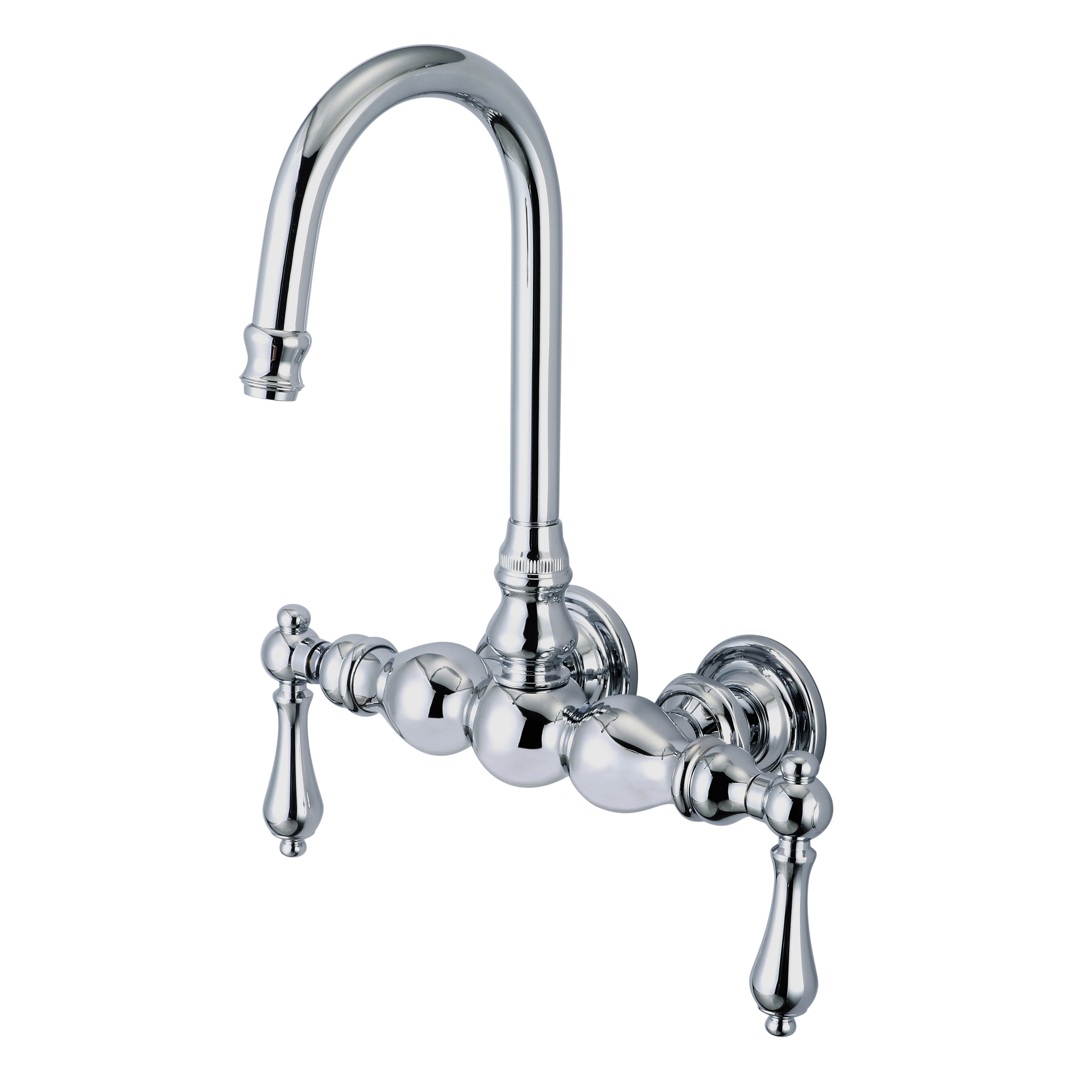 Vintage Classic 3.375 Inch Center Wall Mount Tub Faucet With Gooseneck Spout & Straight Wall Connector in Chrome Finish With Metal Lever Handles Without Labels