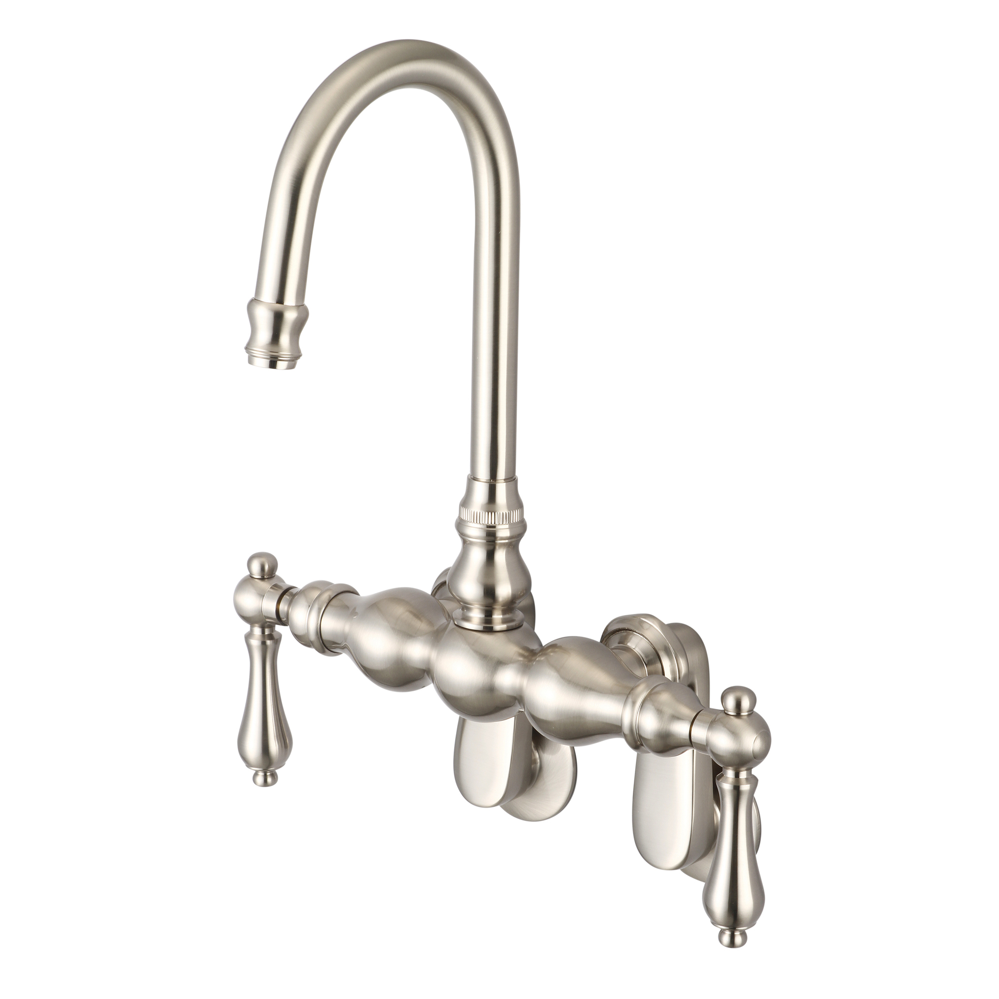 Vintage Classic Adjustable Spread Wall Mount Tub Faucet With Gooseneck Spout & Swivel Wall Connector in Brushed Nickel Finish With Metal Lever Handles Without Labels