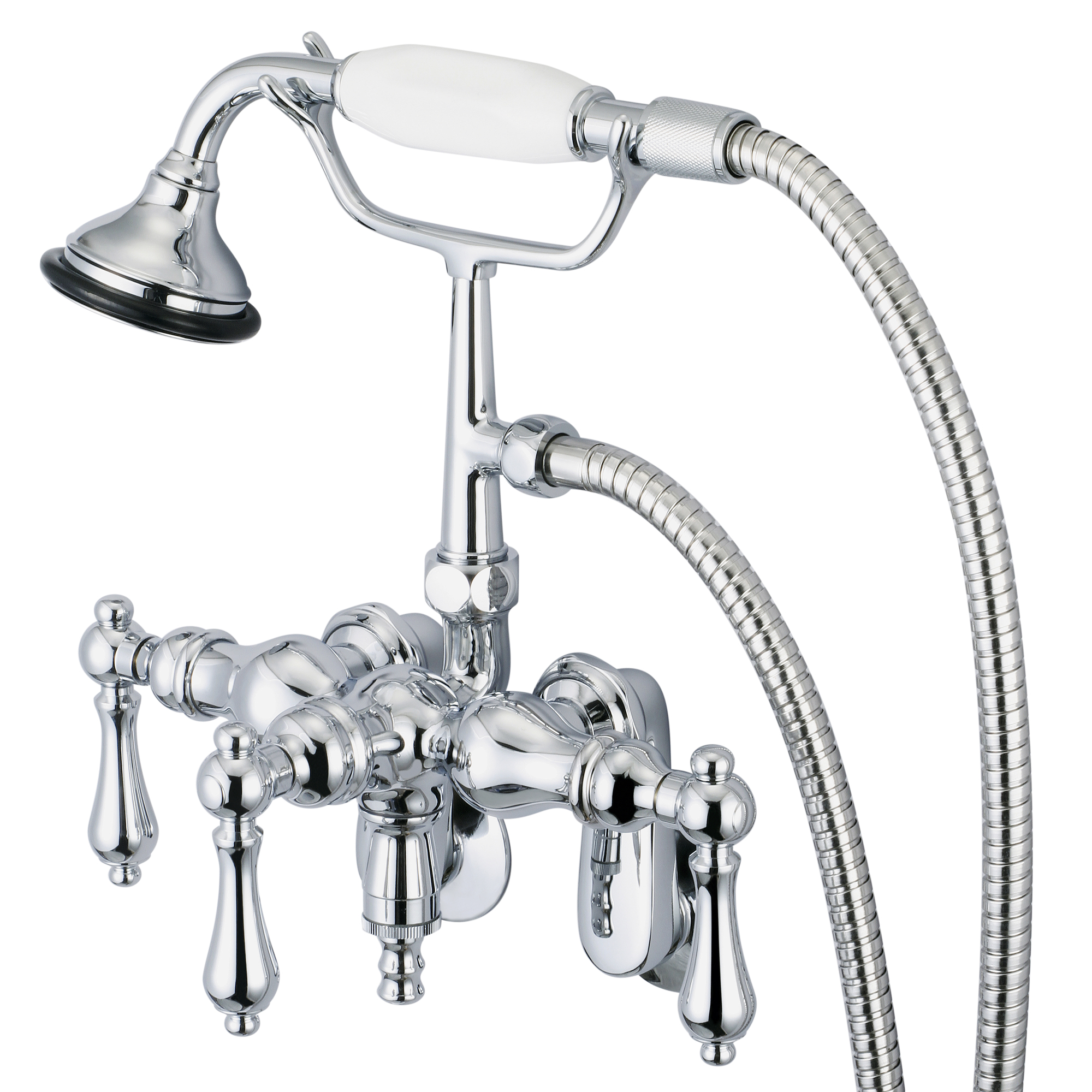 Vintage Classic Adjustable Center Wall Mount Tub Faucet With Down Spout, Swivel Wall Connector & Handheld Shower in Chrome Finish With Metal Lever Handles Without Labels